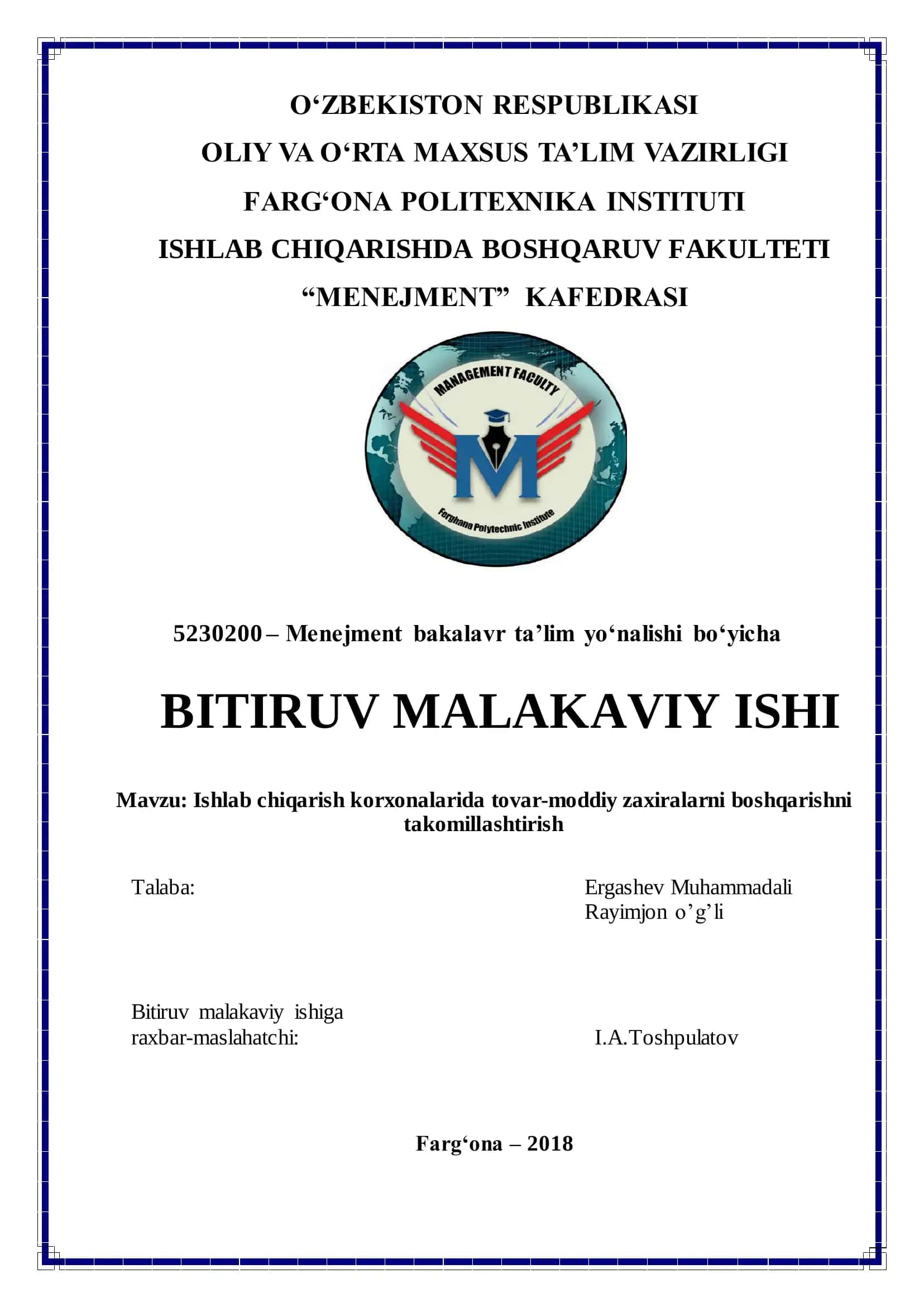 Ishlab chiqarish korxonalarida tovar-moddiy zaxiralarni boshqarishni takomillashtirish