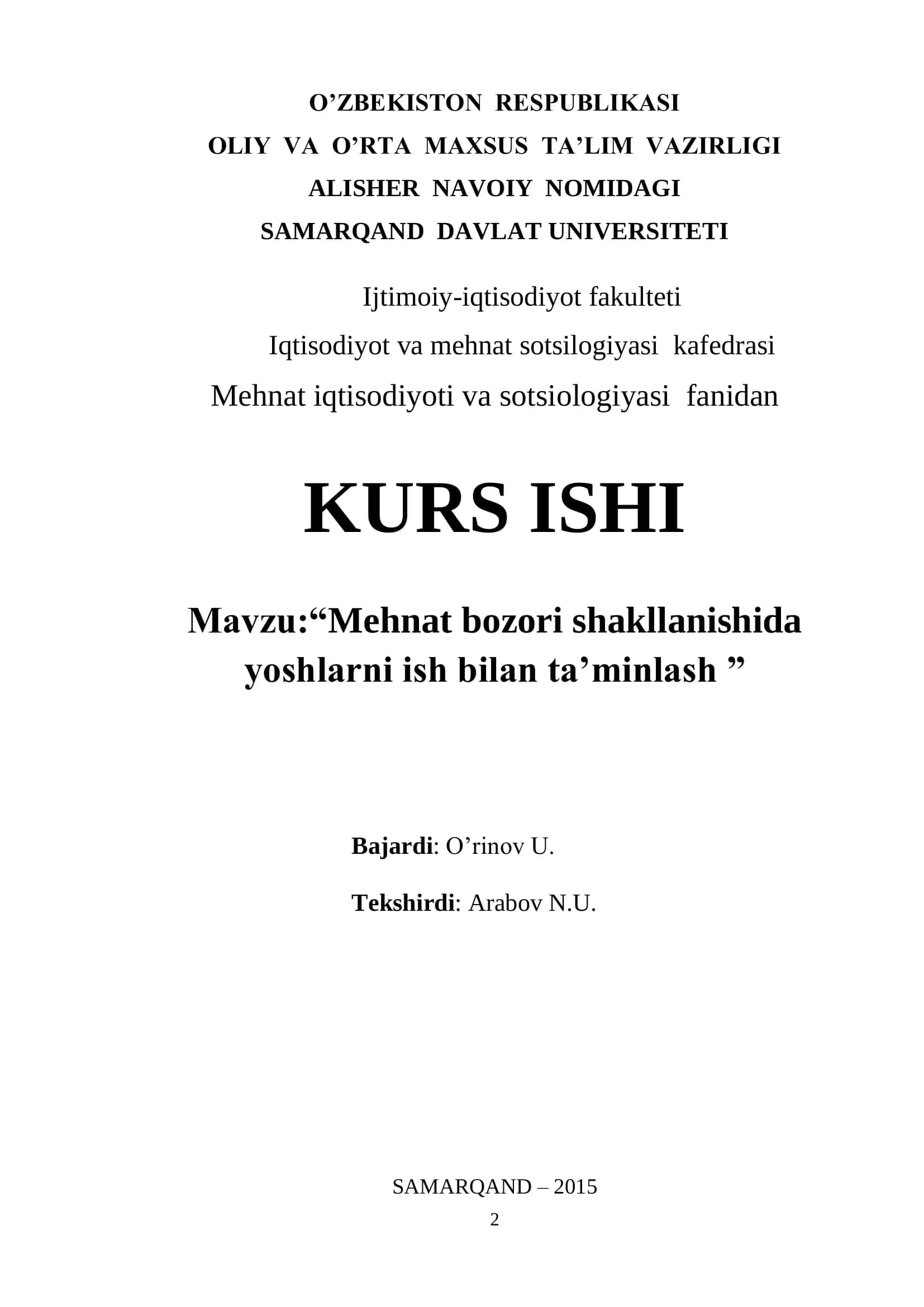Mehnat bozori shakllanishi va yoshlarni ish bilan ta’minlash