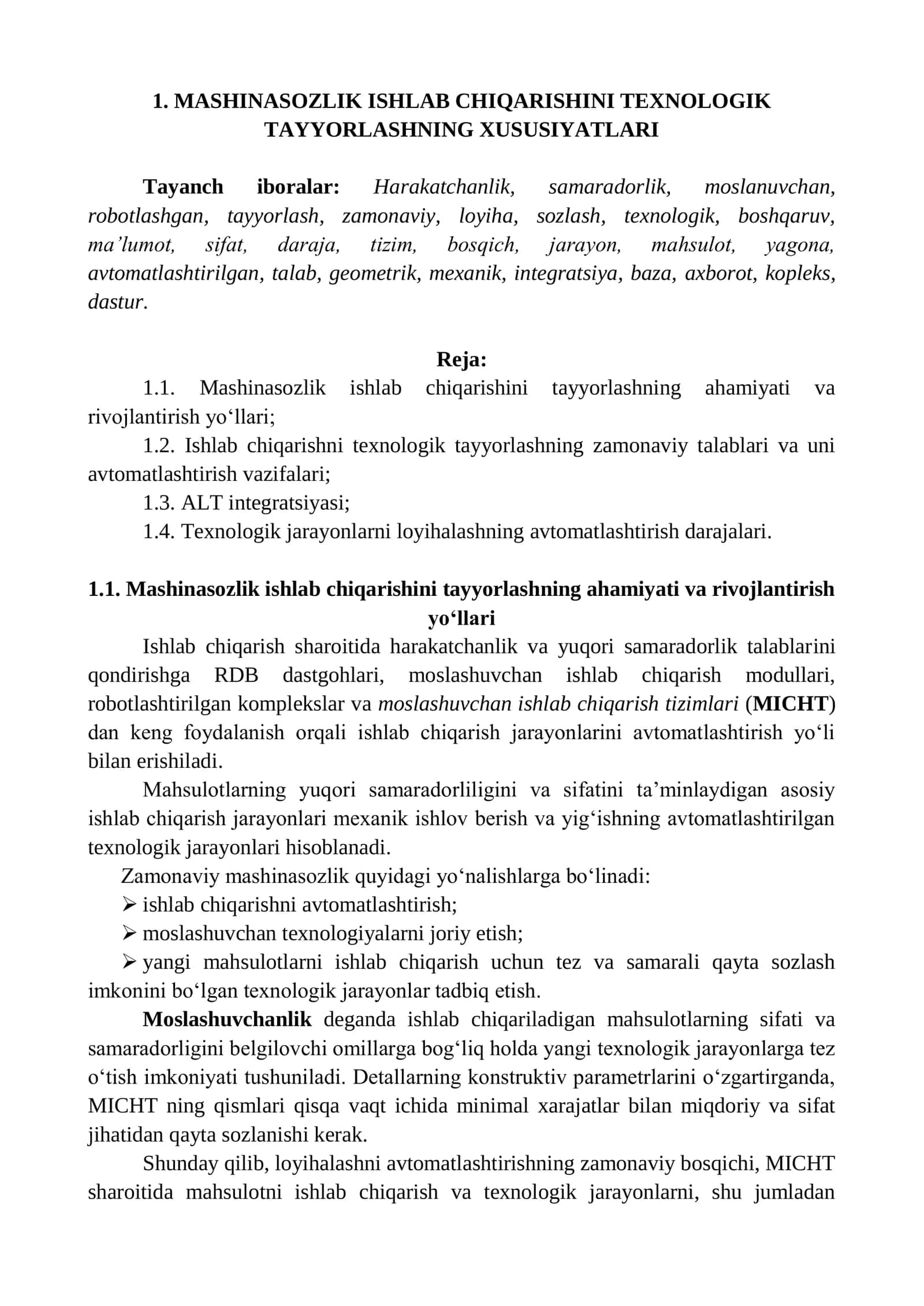 Mashinasozlik ishlab chiqarishini texnologik tayyorlashning xususiyatlari
