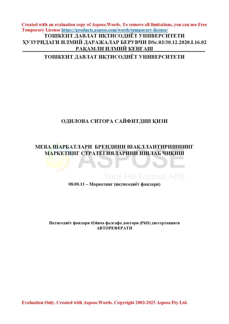 Meva sharbatlari brendini shakllantirishning marketing strategiyalarini ishlab chiqish