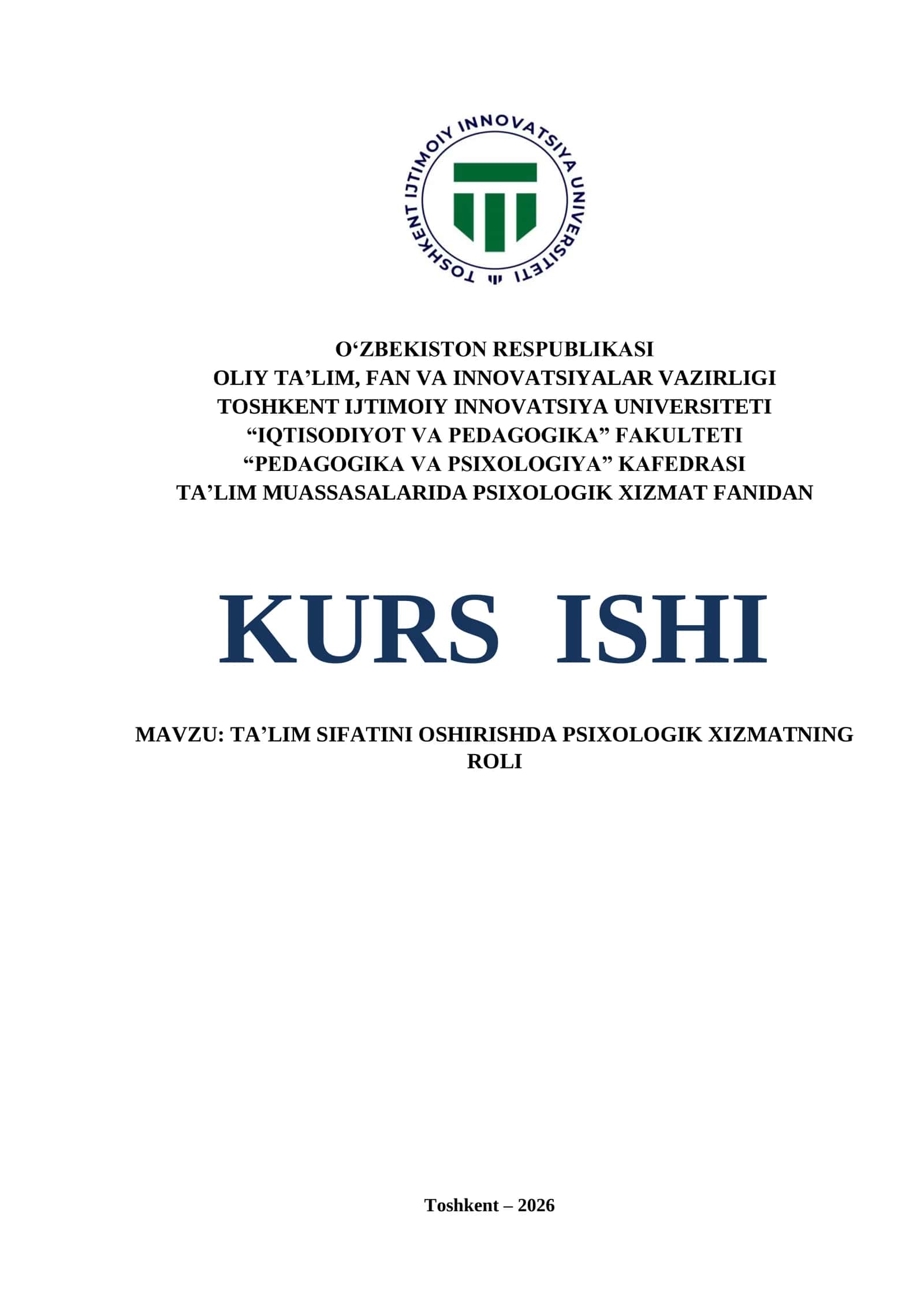 TA’LIM SIFATINI OSHIRISHDA PSIXOLOGIK XIZMATNING ROLI