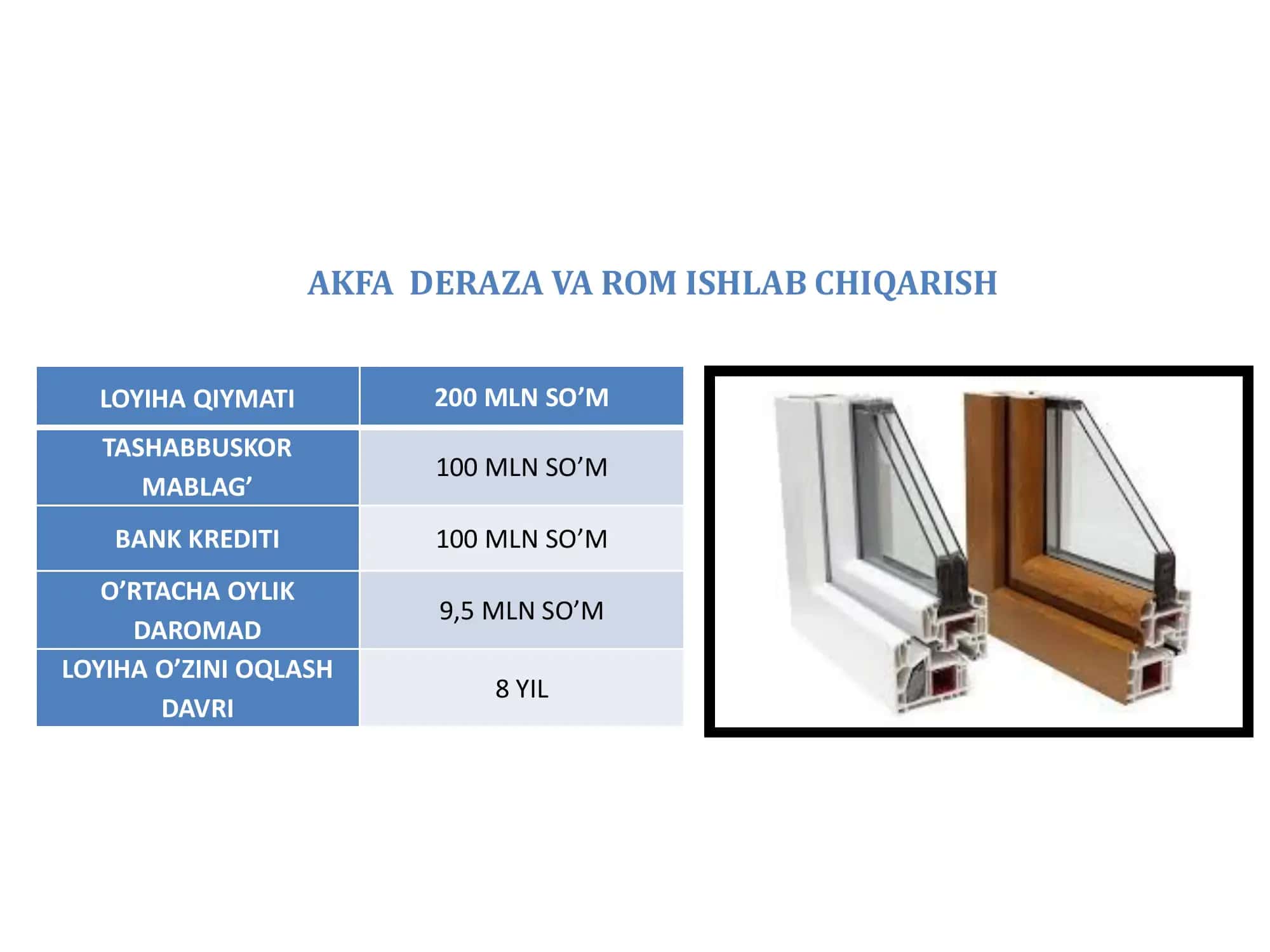 AKFA DERAZA VA ROM ISHLAB CHIQARISH biznes loyihasi