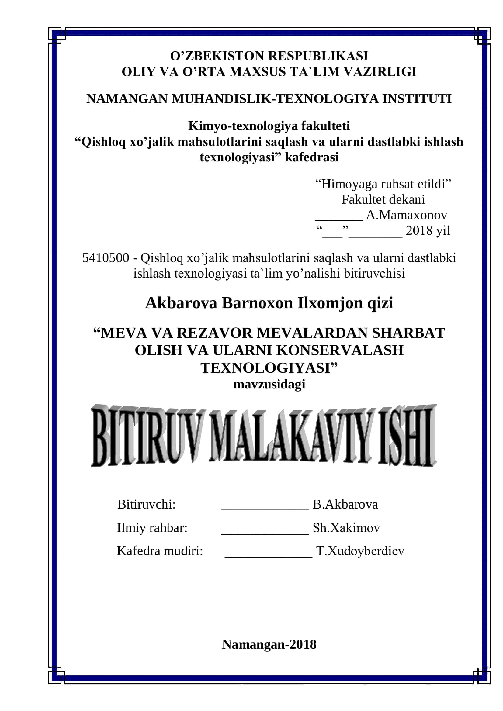MEVA VA REZAVOR MEVALARDAN SHARBAT OLISH VA ULARNI KONSERVALASH TEXNOLOGIYASI