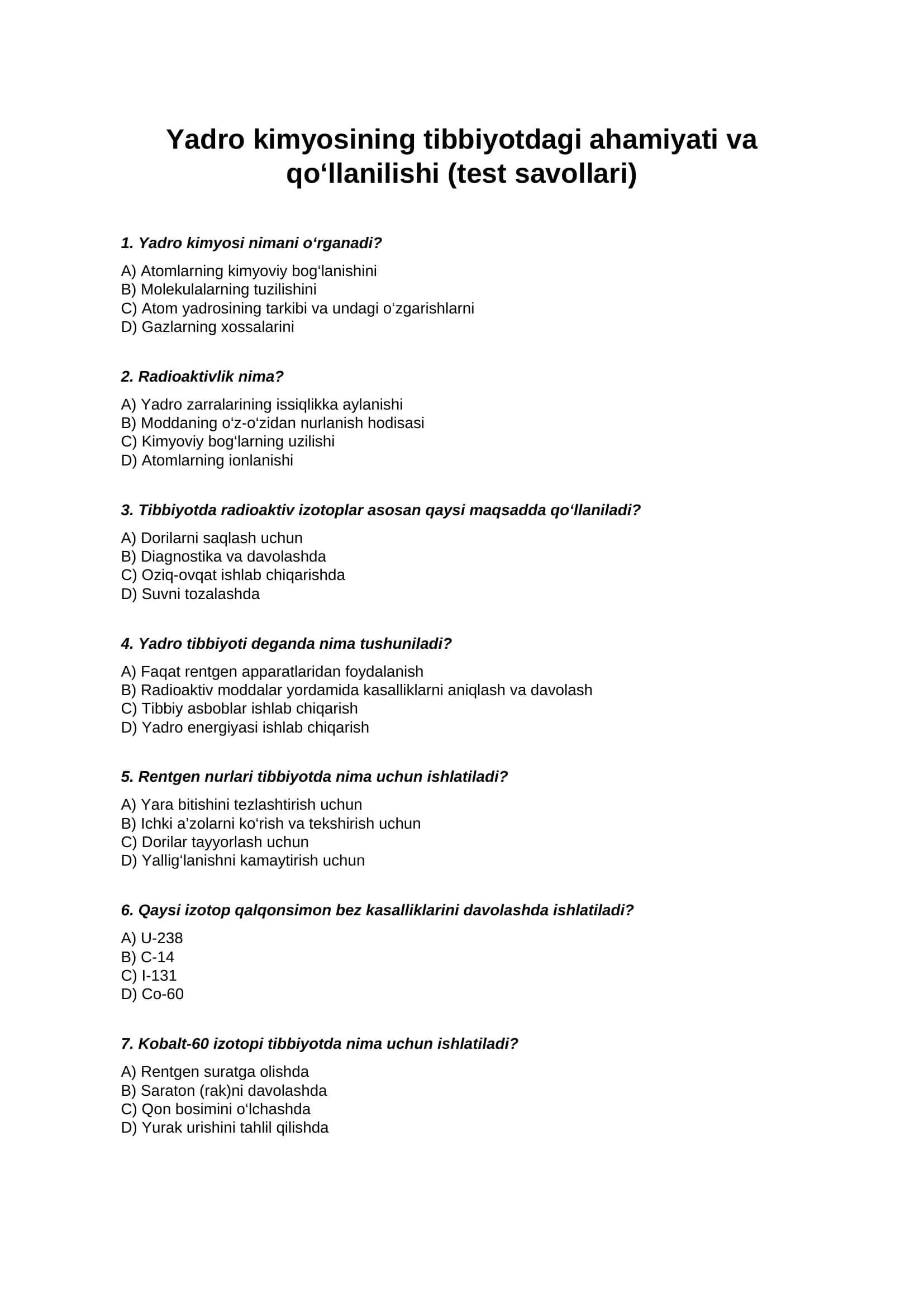 Yadro kimyosining tibbiyotdagi ahamiyati va qo‘llanilishi (test savollari)