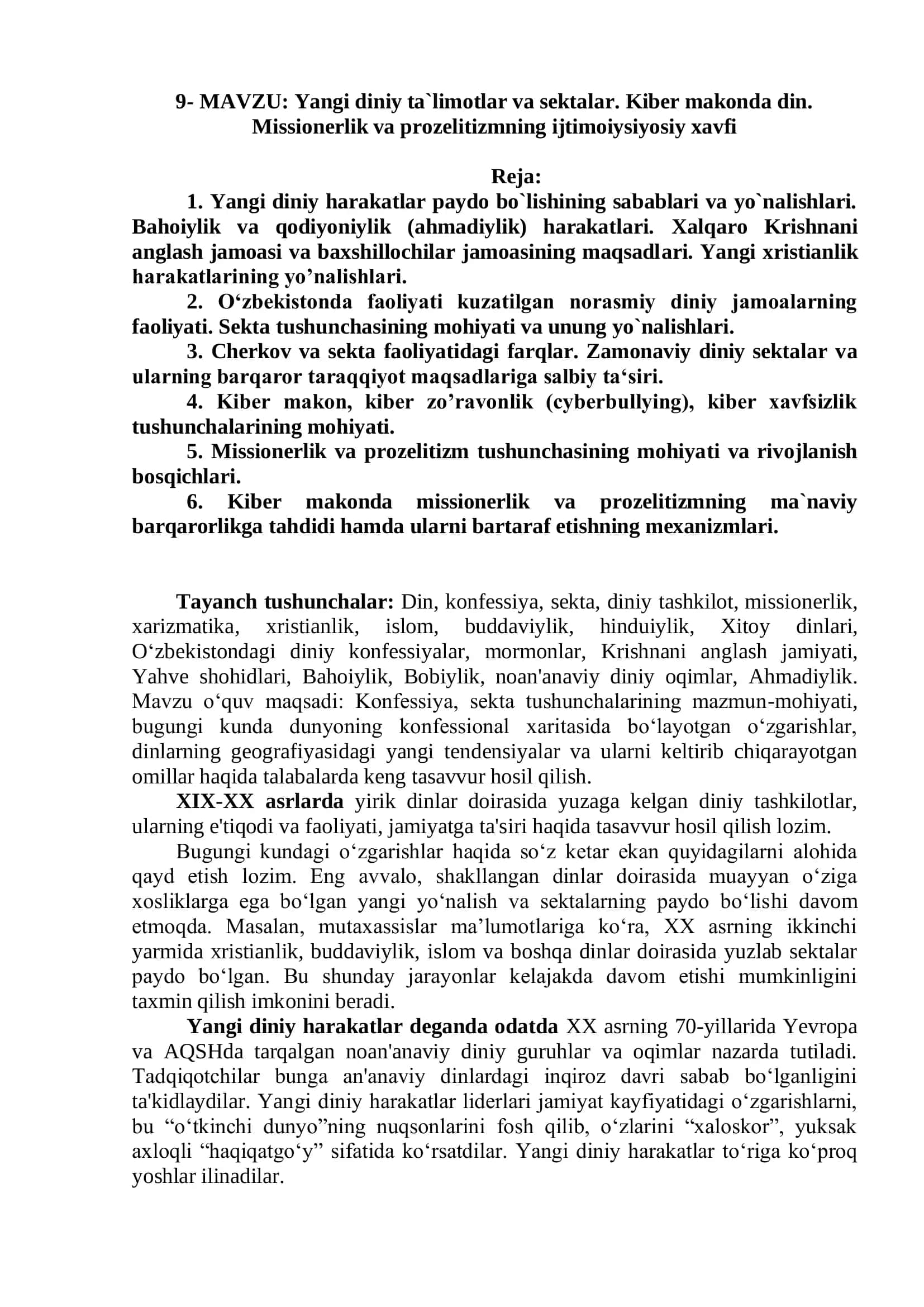 Yangi diniy ta`limotlar va sektalar. Kiber makonda din