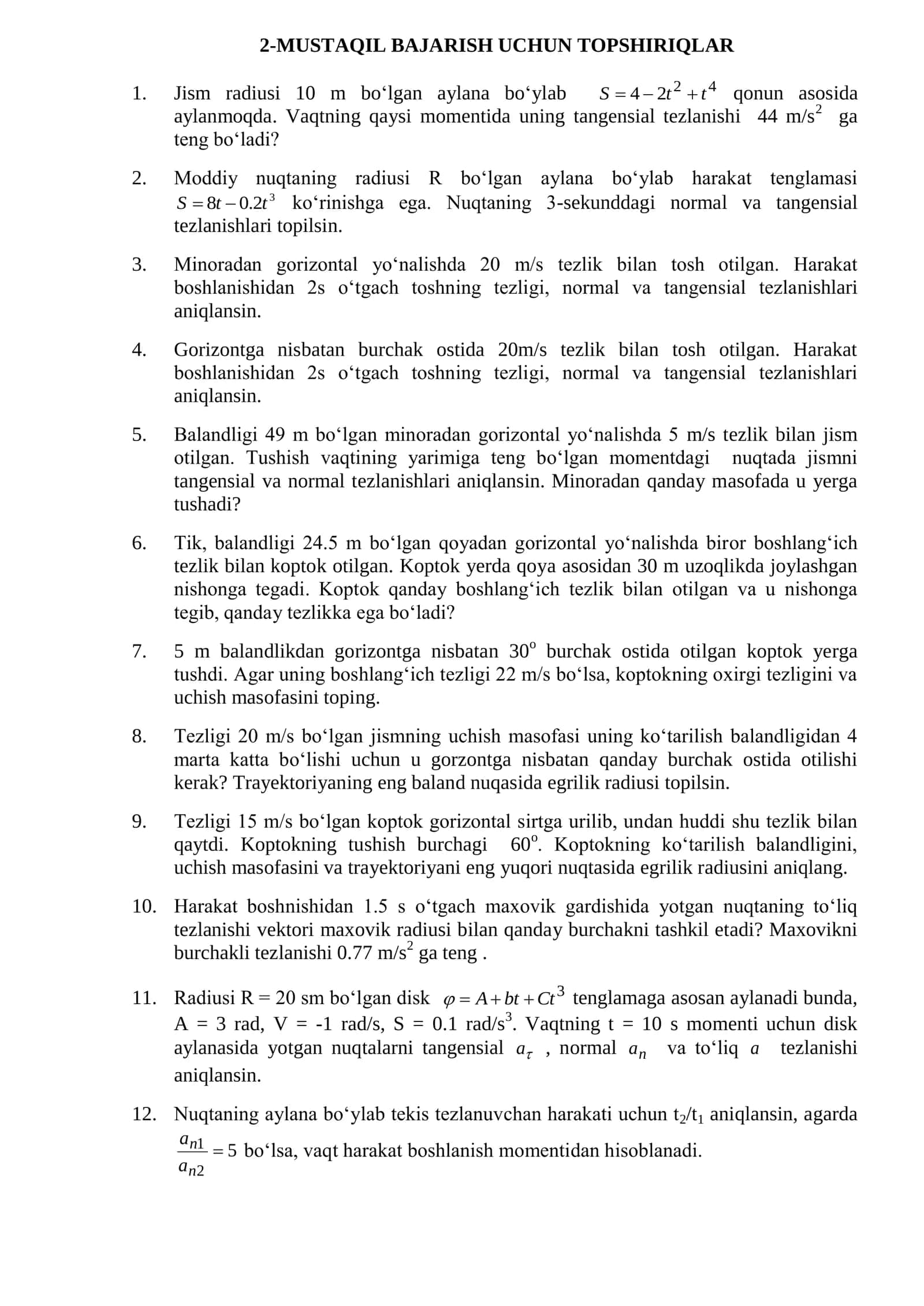MUSTAQIL BAJARISH UCHUN TOPSHIRIQLAR