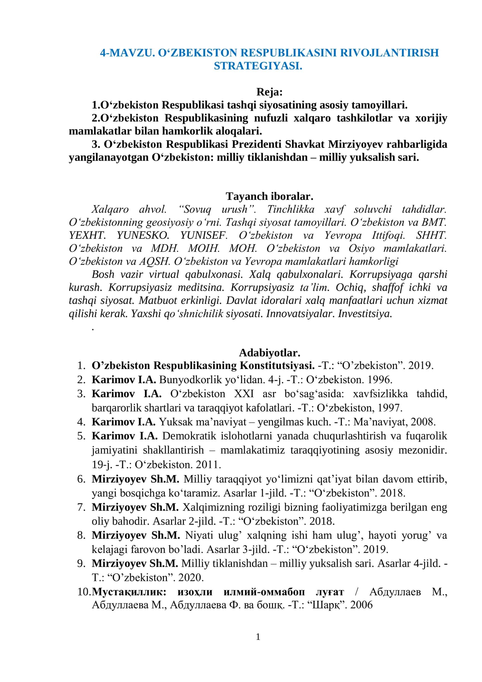 O„ZBEKISTON RESPUBLIKASINI RIVOJLANTIRISH STRATEGIYASI