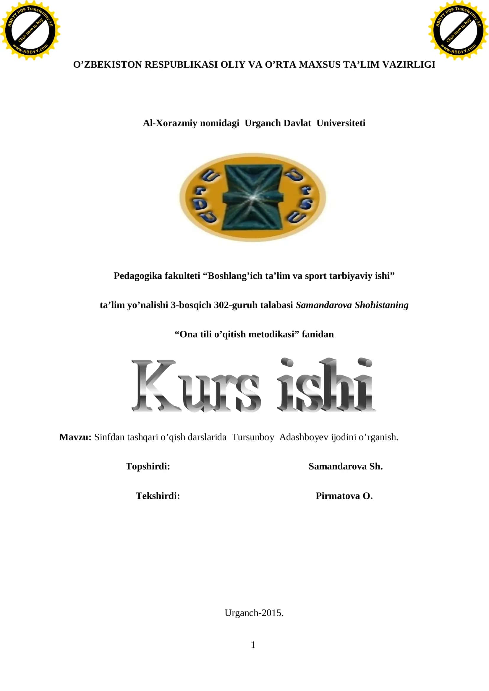 Sinfdan tashqari o’qish darslarida Tursunboy Adashboyev ijodini o’rganish