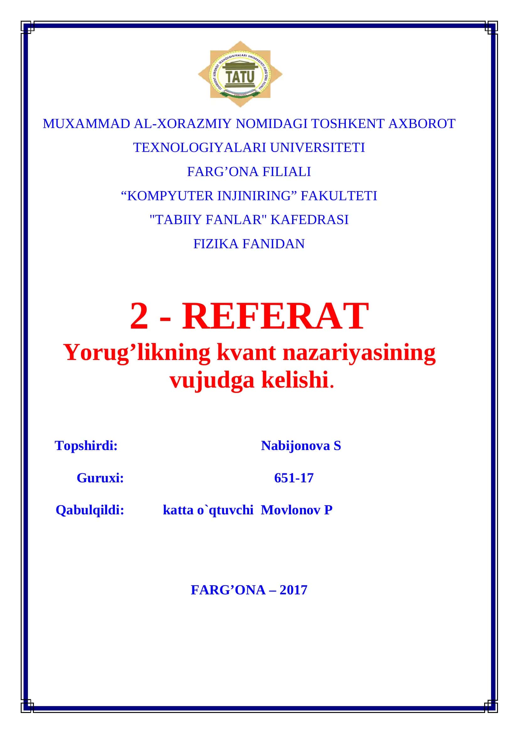 Yorug’likning kvant nazariyasining vujudga kelishi