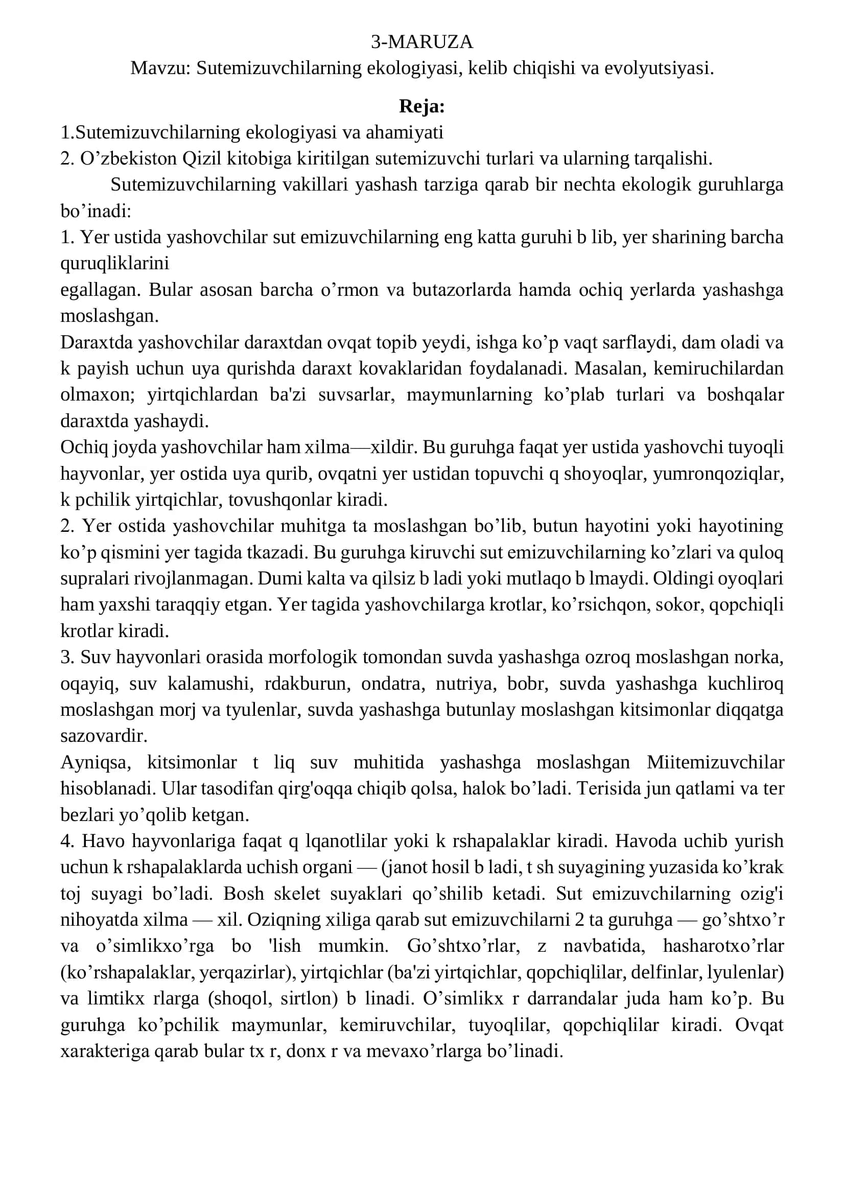 Sutemizuvchilarning ekologiyasi, kelib chiqishi va evolyutsiyasi