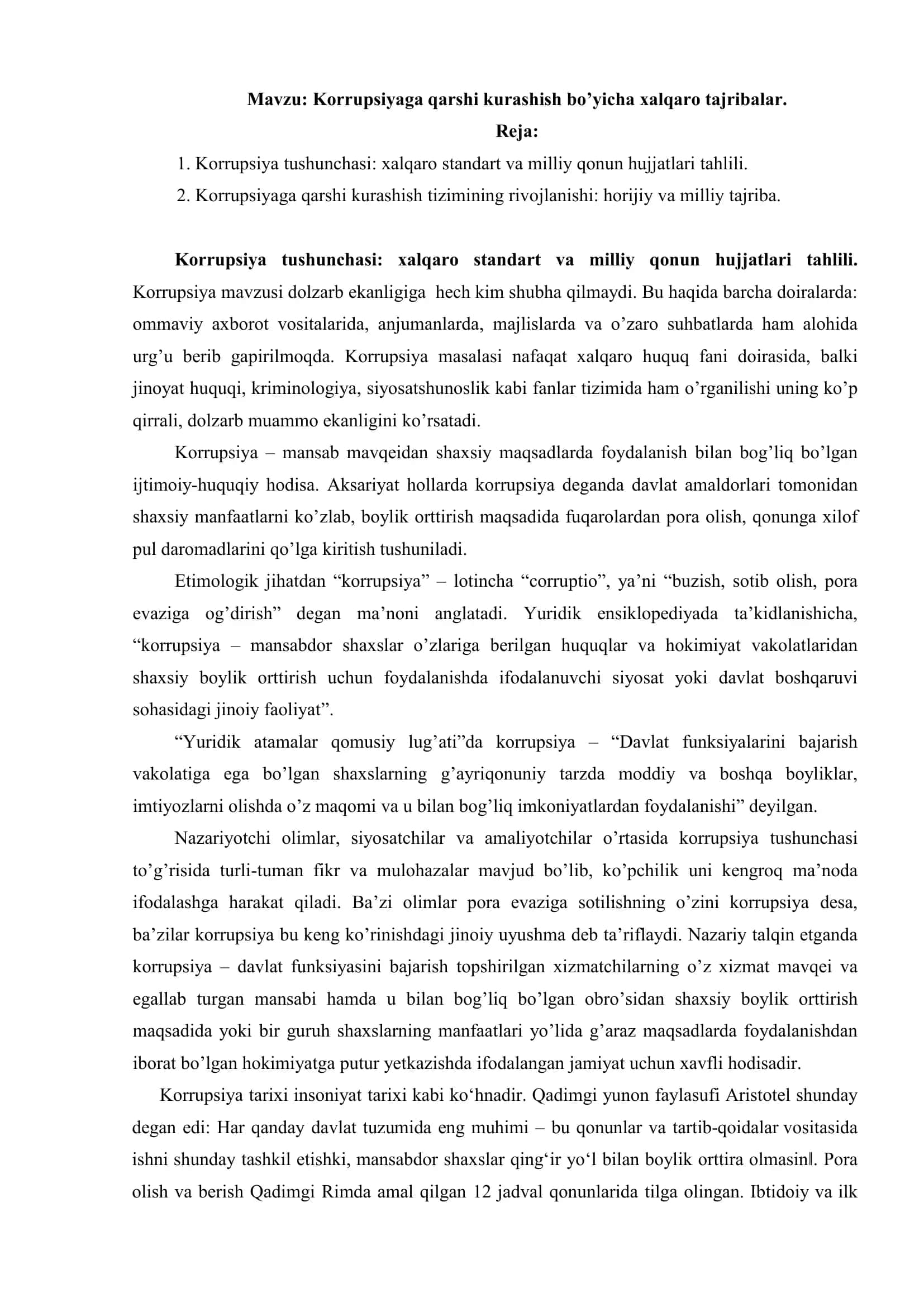 Korrupsiyaga qarshi kurashish bo’yicha xalqaro tajribalar