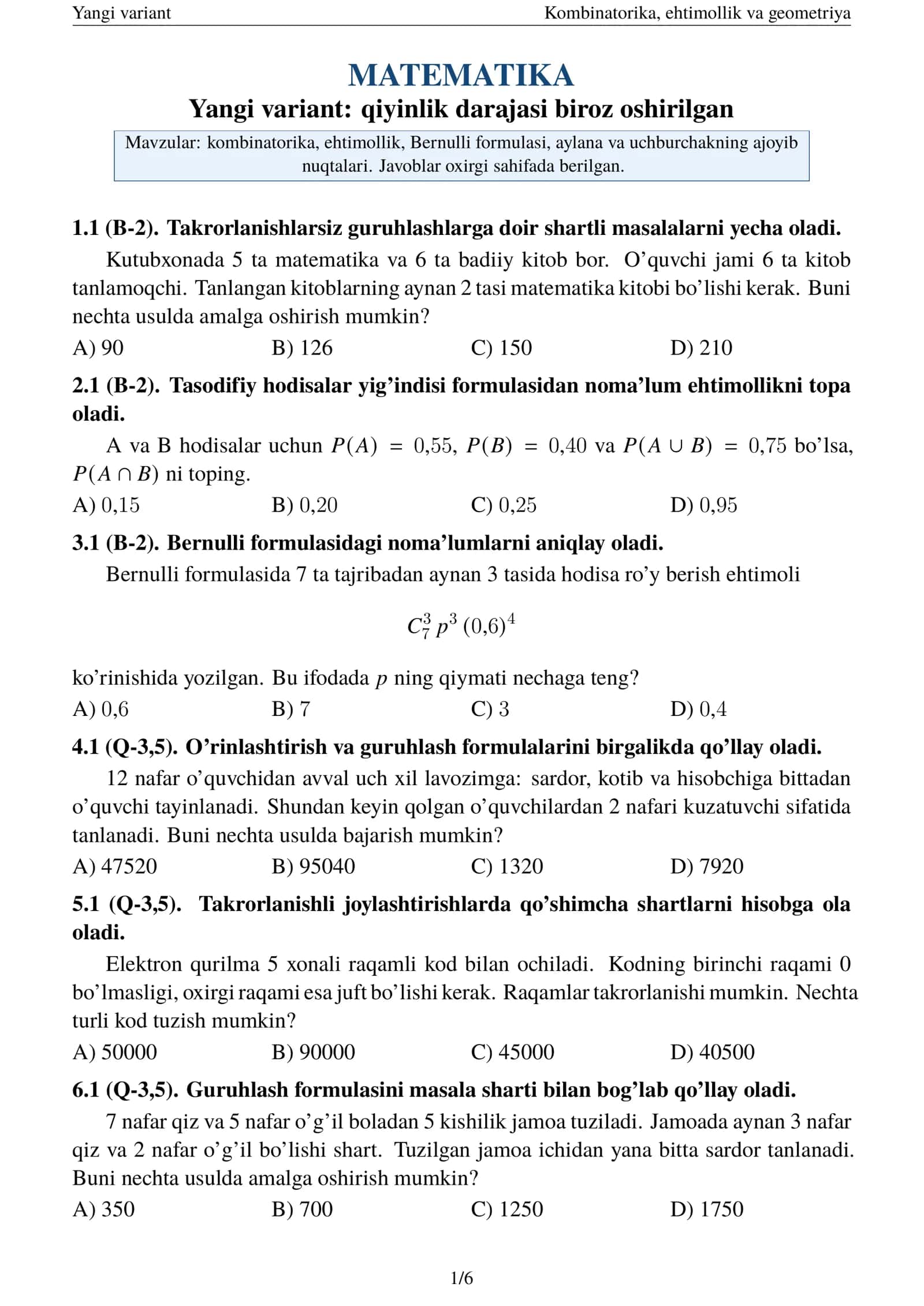Kombinatorika, ehtimollik va geometriya
