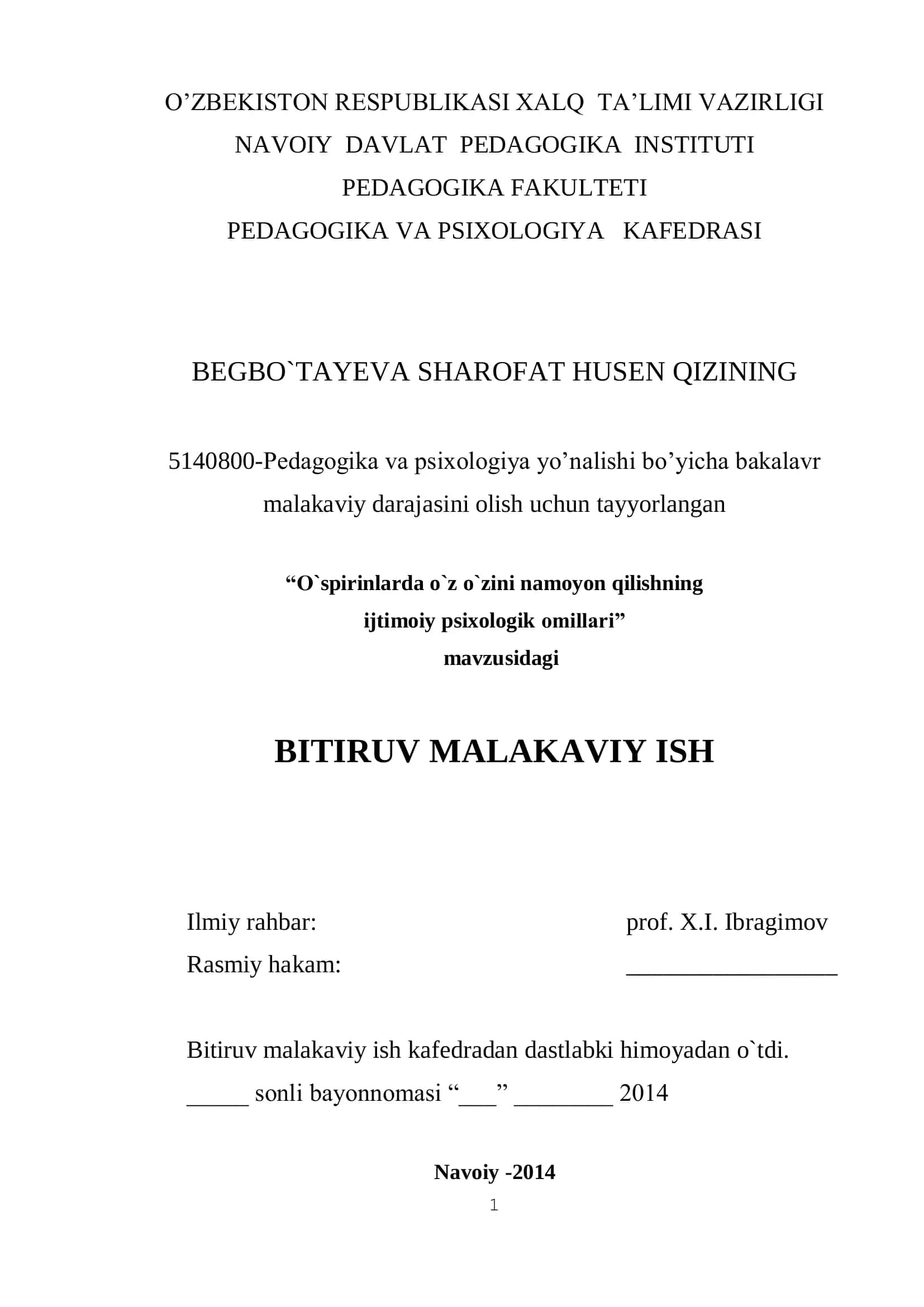 O`spirinlarda o`z o`zini namoyon qilishning ijtimoiy psixologik omillari