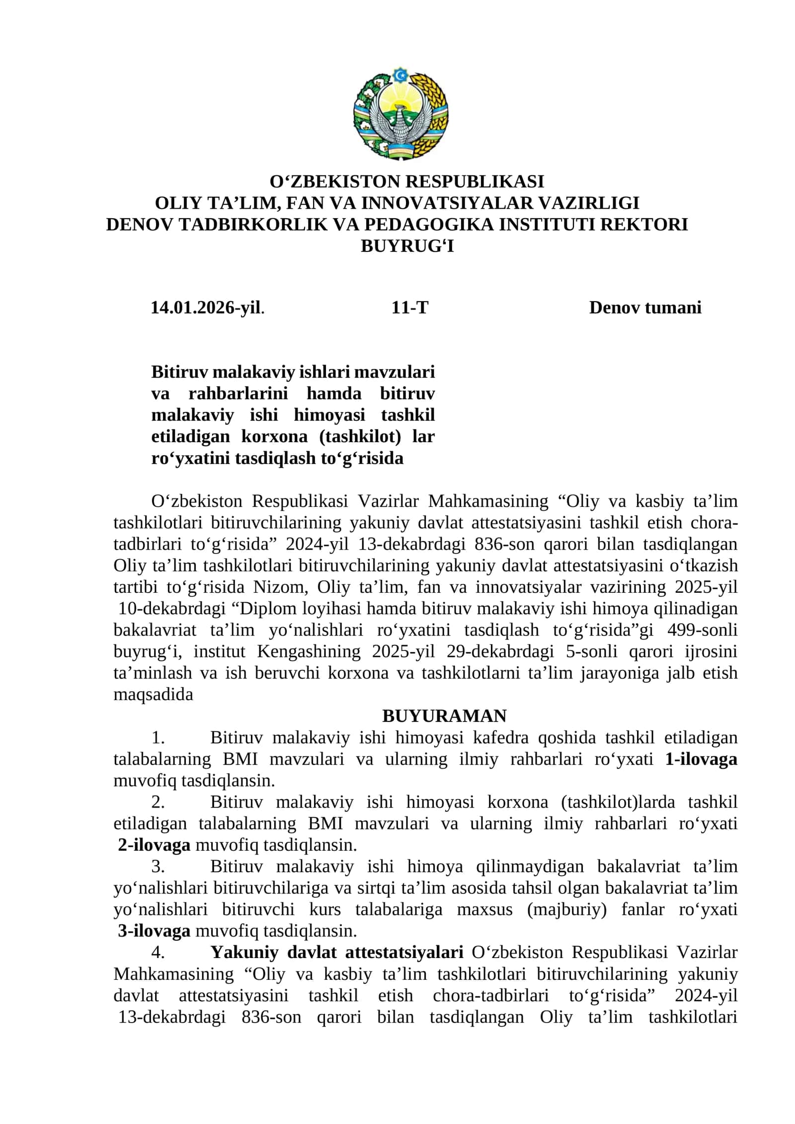 Bitiruv malakaviy ishlari mavzulari va rahbarlarini hamda bitiruv malakaviy ishi himoyasi tashkil etiladigan korxona (tashkilot) lar ro‘yxati