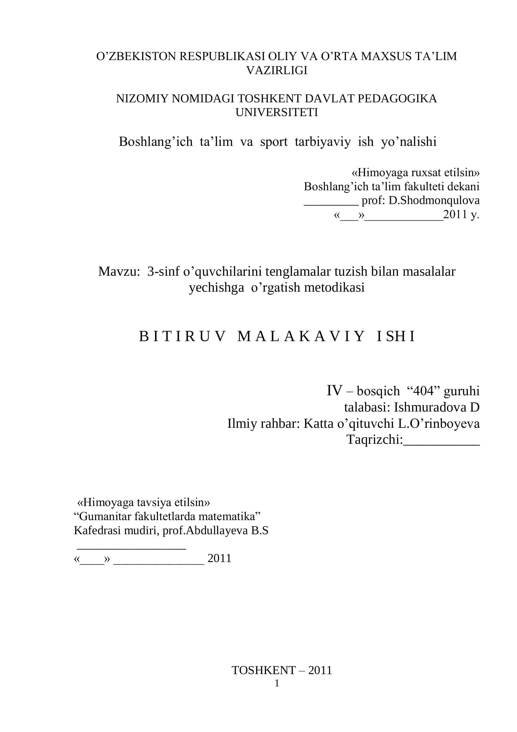3-sinf o’quvchilarini tenglamalar tuzish bilan masalalar yechishga o’rgatish metodikasi