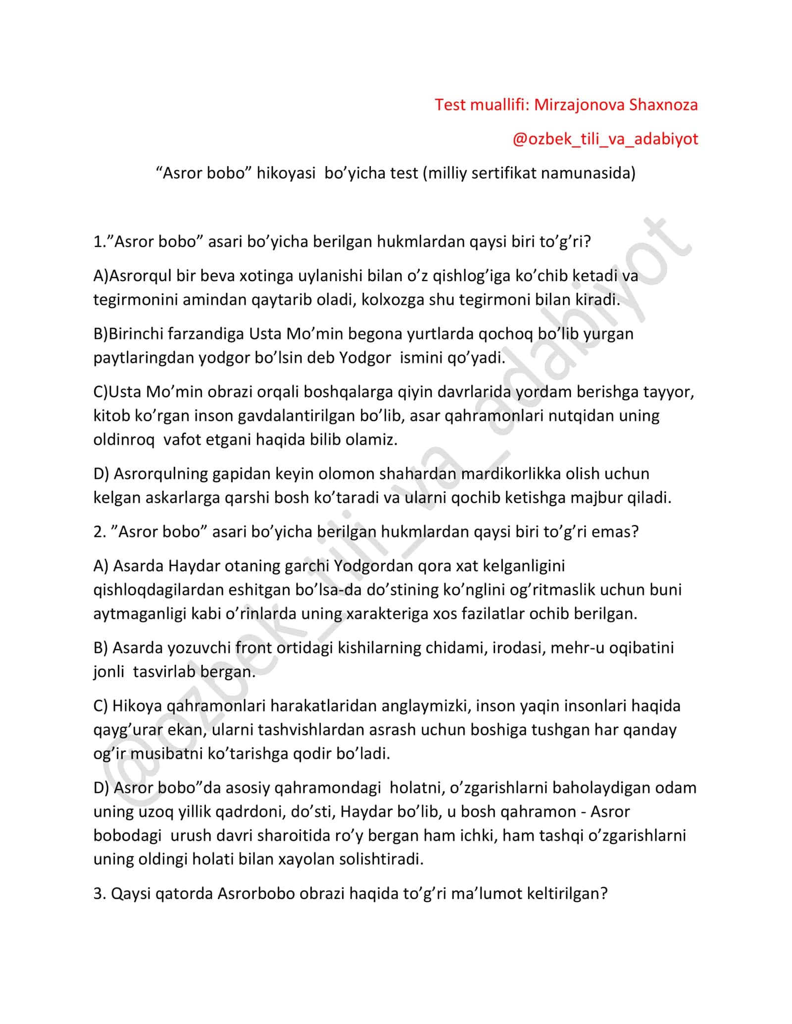 “Asror bobo” hikoyasi bo’yicha test (milliy sertifikat namunasida)