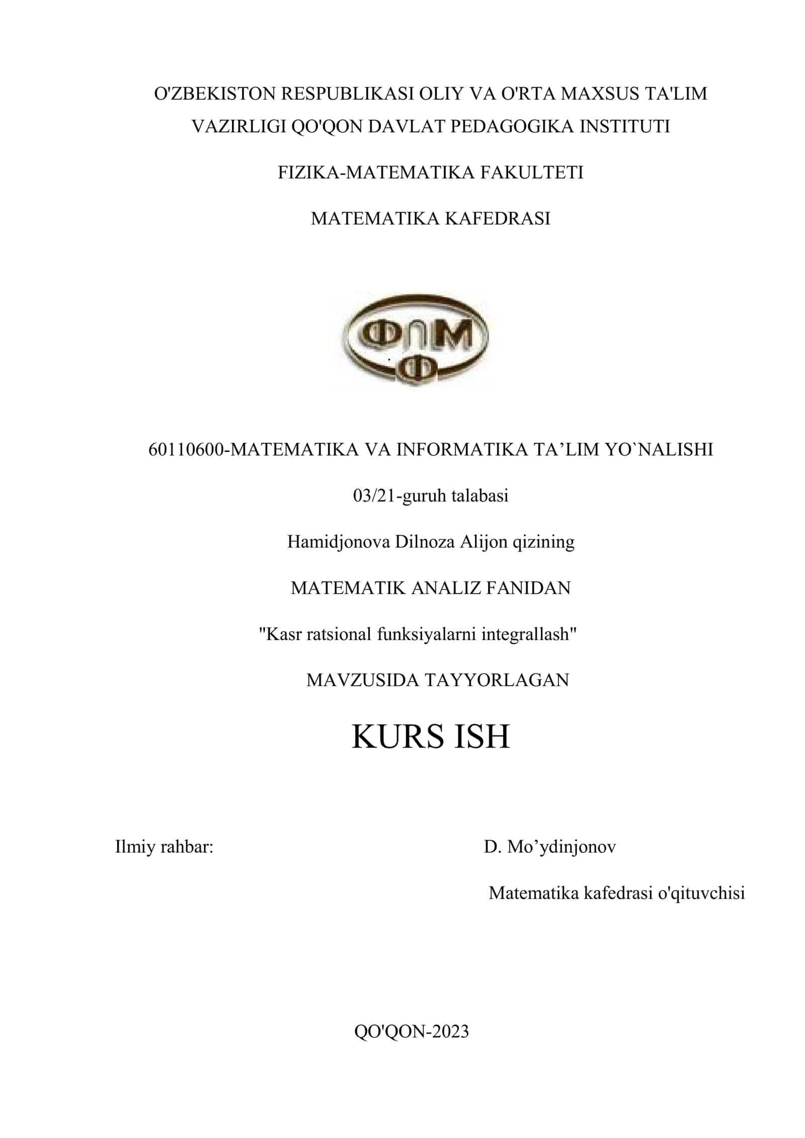 Kasr ratsional funksiyalarni integrallash