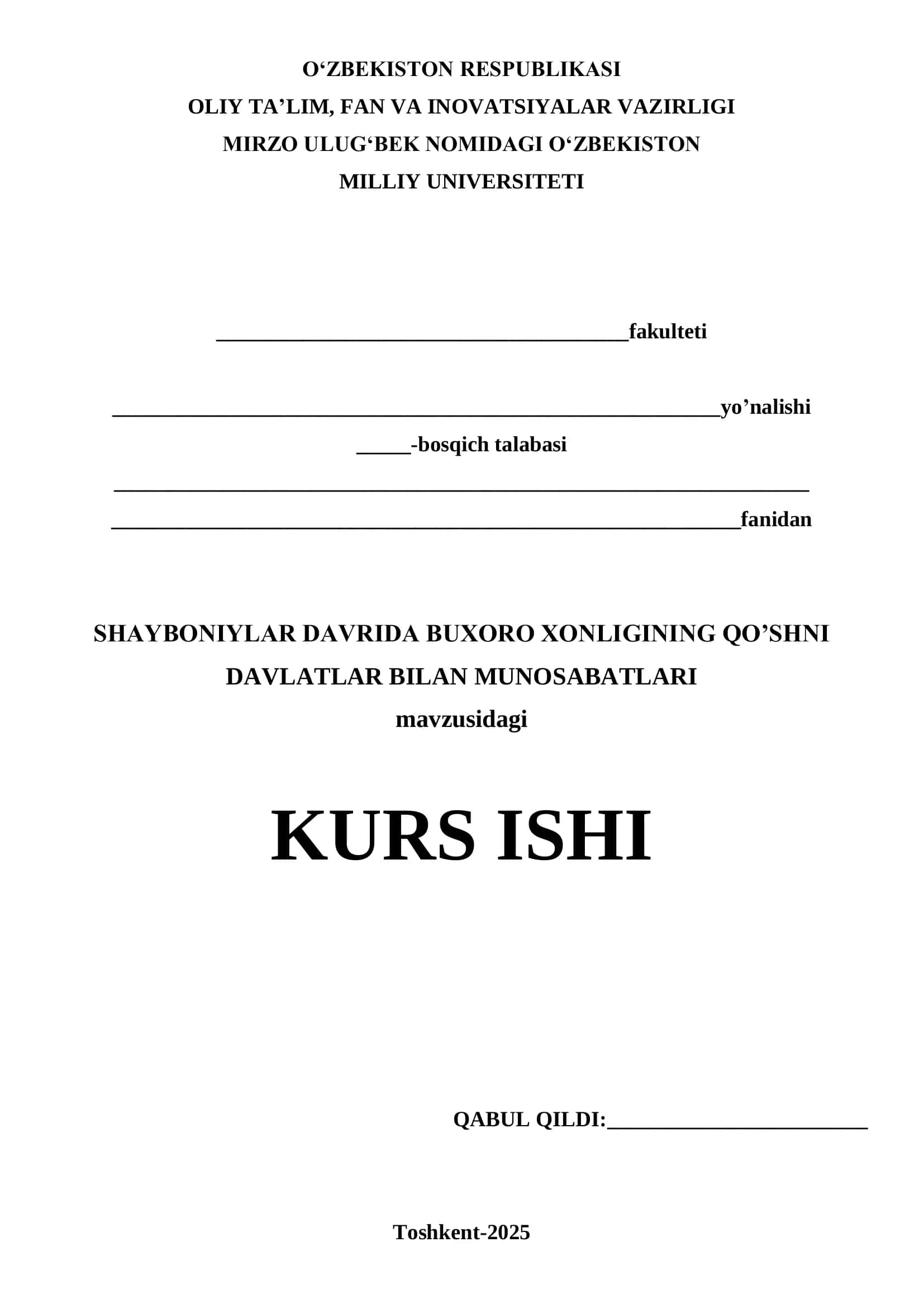 SHAYBONIYLAR DAVRIDA BUXORO XONLIGINING QO’SHNI DAVLATLAR BILAN MUNOSABATLARI