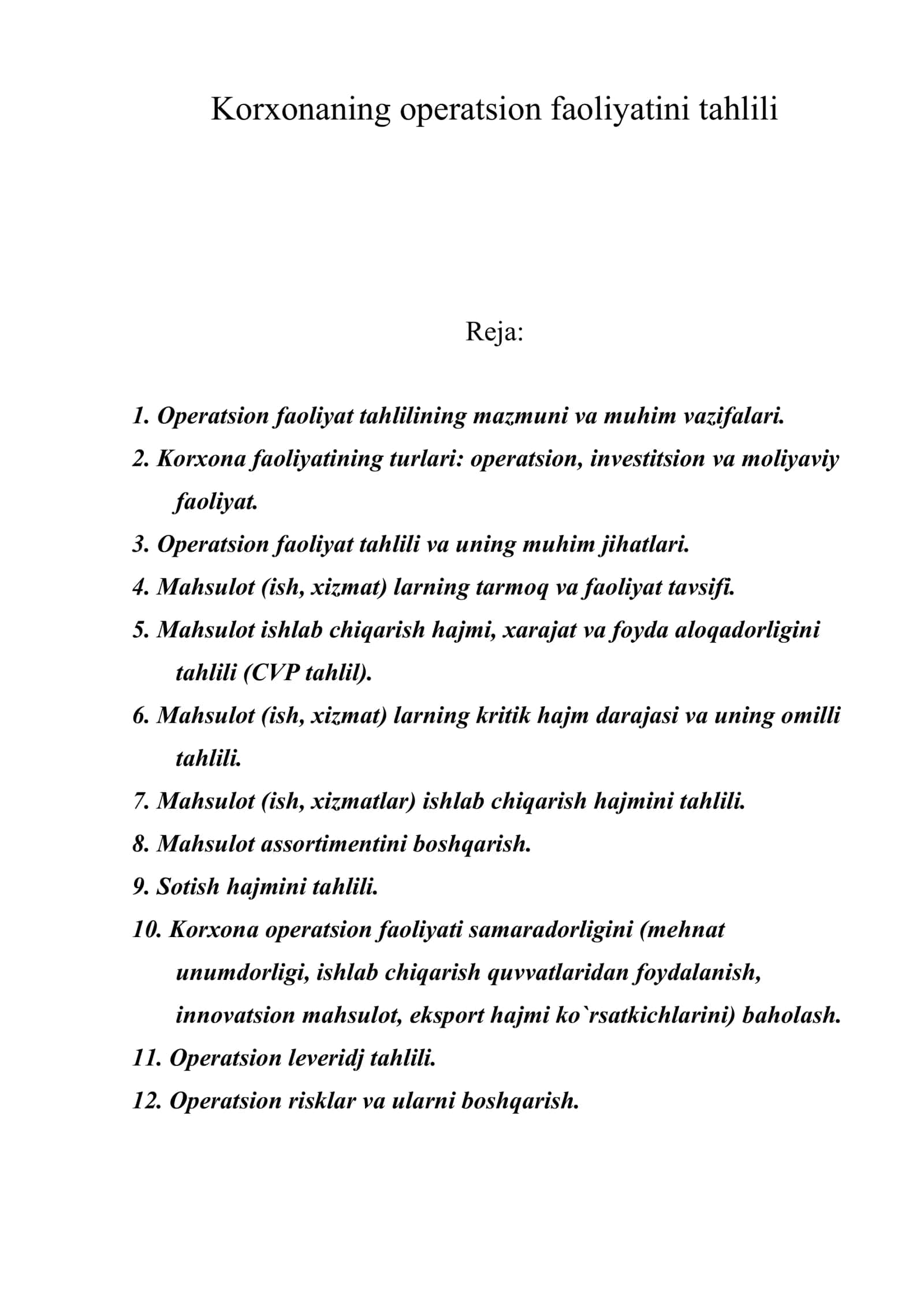 Korxonaning operatsion faoliyatini tahlili