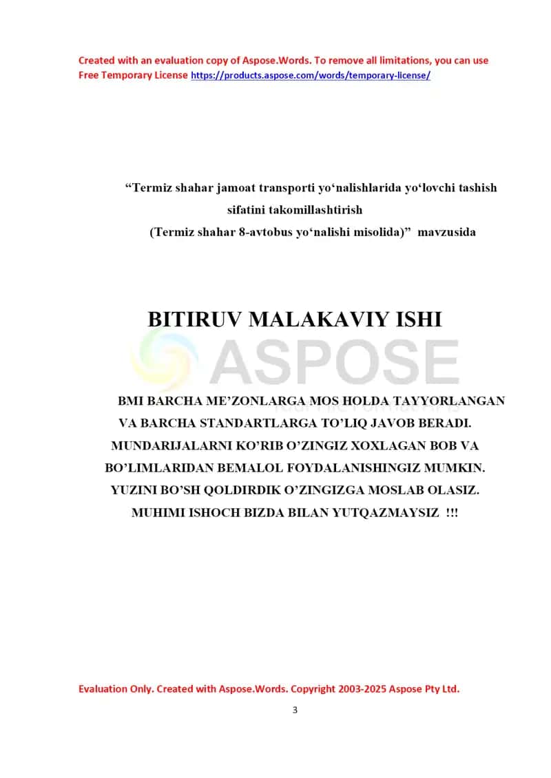 Termiz shahar jamoat transporti yo‘nalishlarida yo‘lovchi tashish sifatini takomillashtirish (Termiz shahar 8-avtobus yo‘nalishi misolida