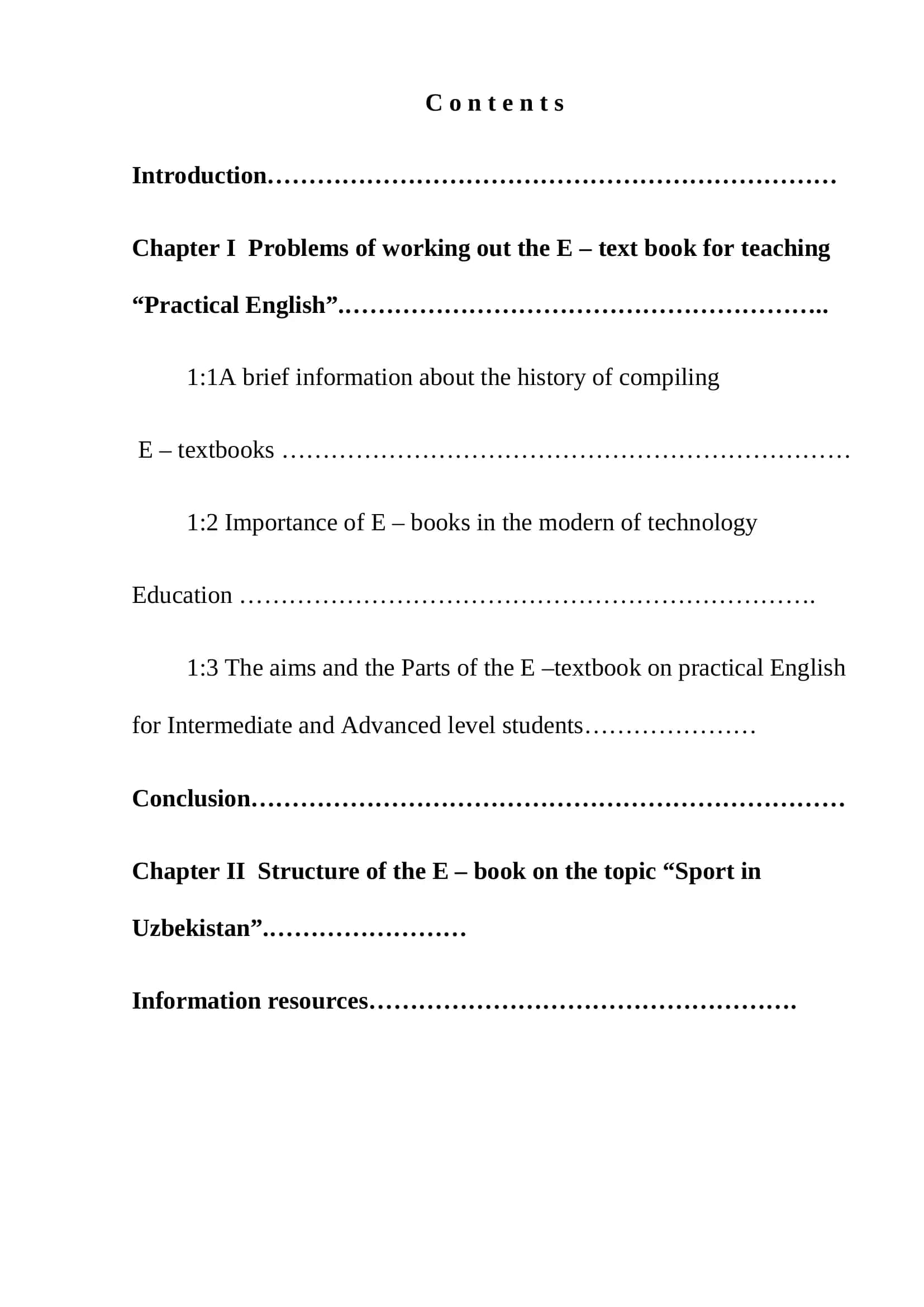 Structure of the E – book on the topic “Sport in Uzbekistan”