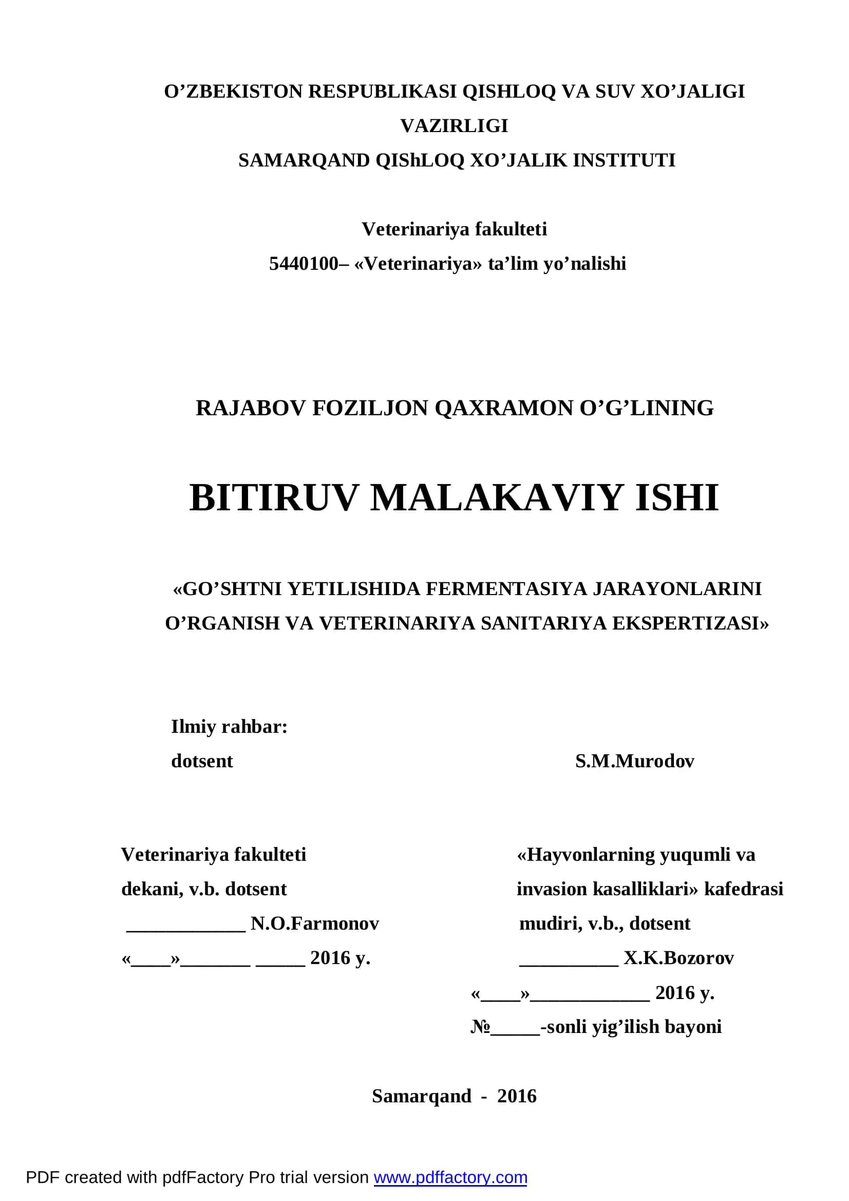 GO’SHTNI YETILISHIDA FERMENTASIYA JARAYONLARINI O’RGANISH VA VETERINARIYA SANITARIYA EKSPERTIZASI