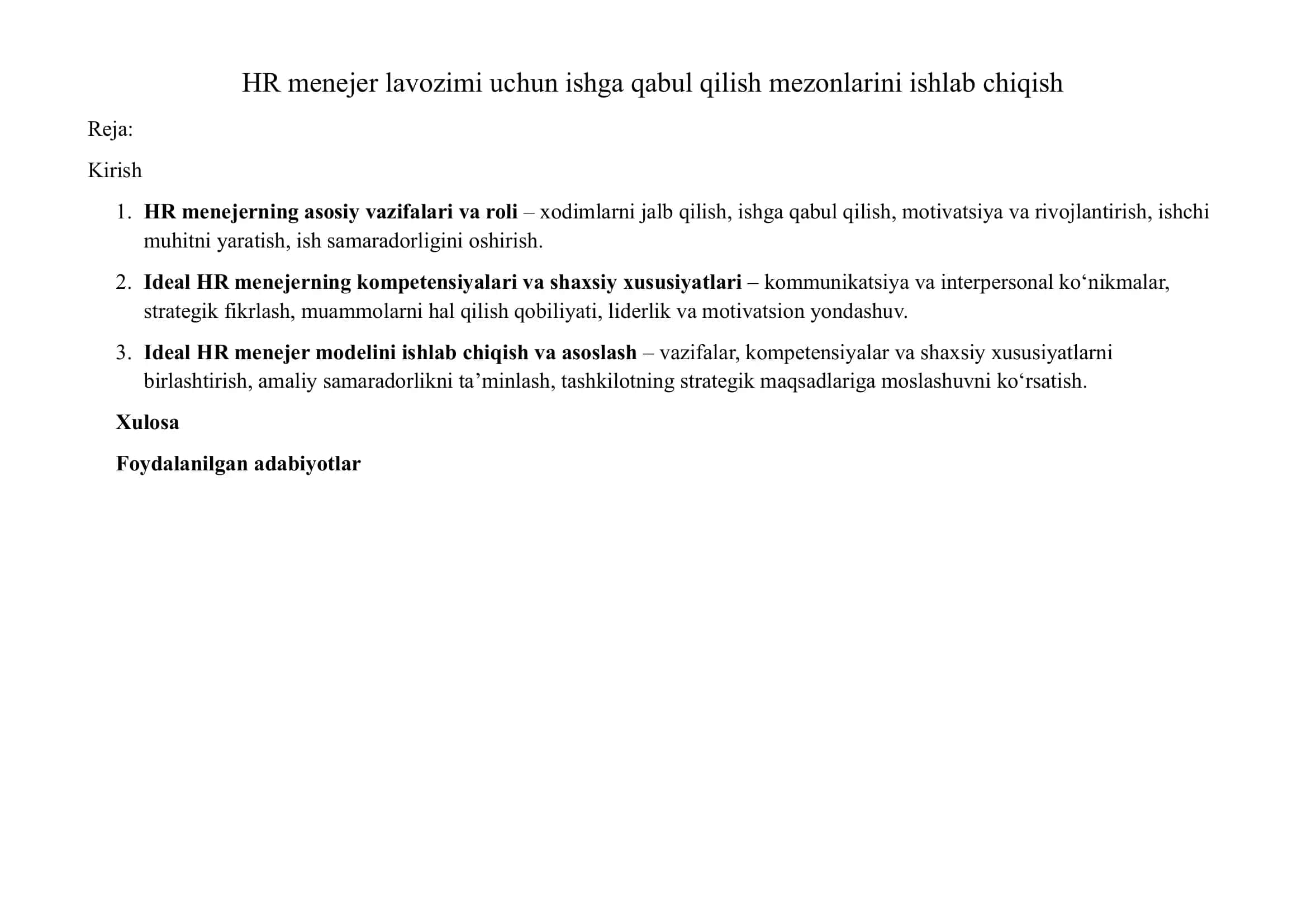 HR menejer lavozimi uchun ishga qabul qilish mezonlarini ishlab chiqish