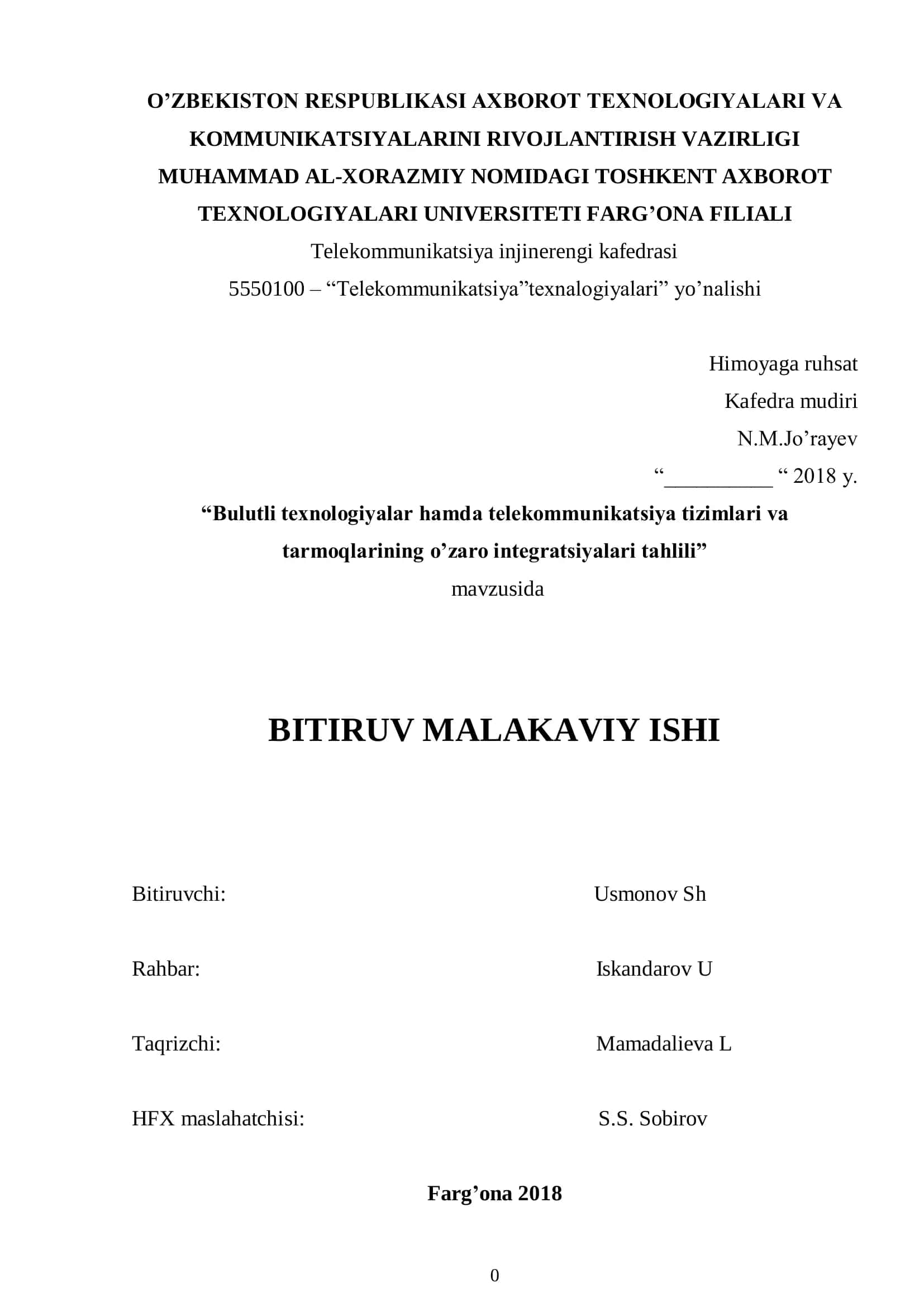 Bulutli texnologiyalar hamda telekommunikatsiya tizimlari va tarmoqlarining o’zaro integratsiyalari tahlili