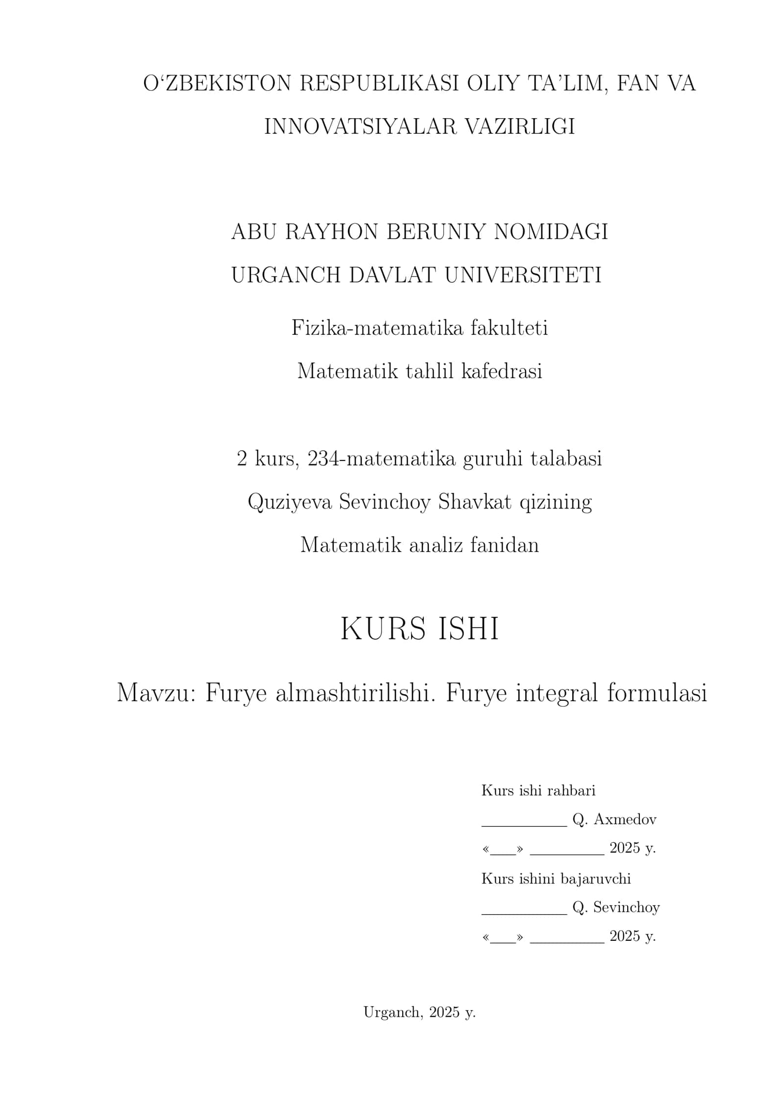 Furye almashtirilishi.Furye integral formulasi