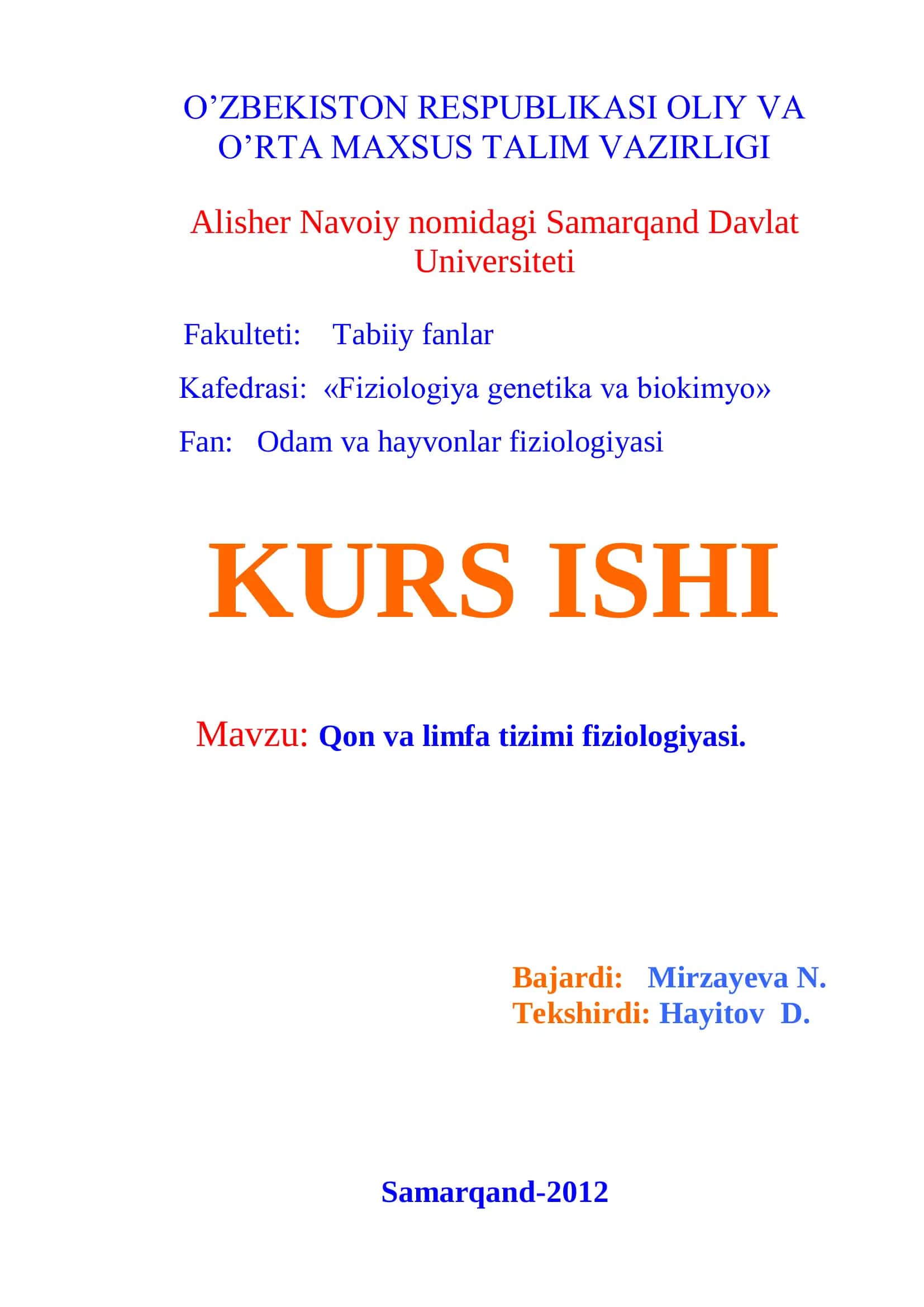 Qon va limfa tizimi fiziologiyasi