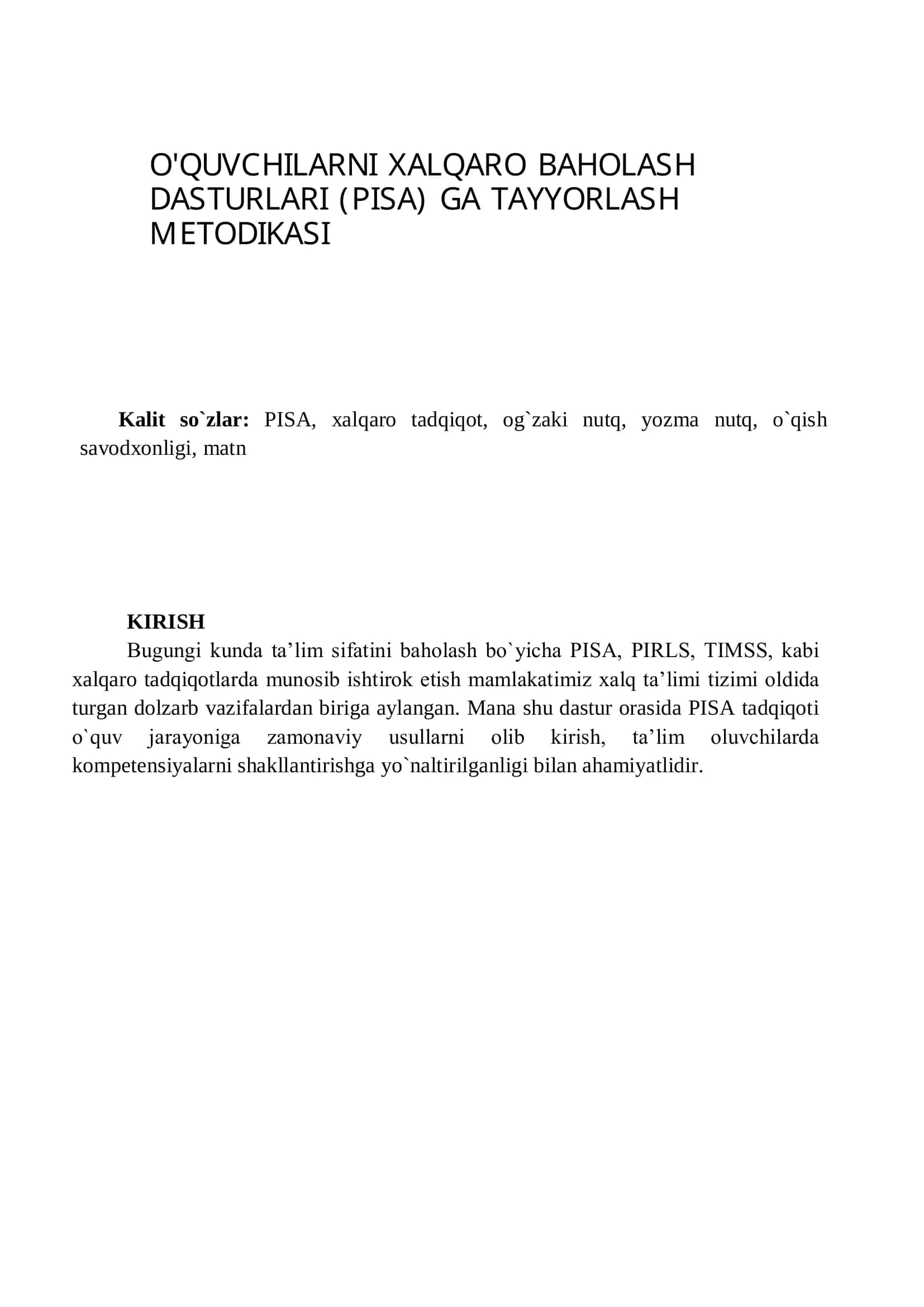 O'QUVCHILARNI XALQARO BAHOLASH DASTURLARI (PISA) GA TAYYORLASH METODIKASI
