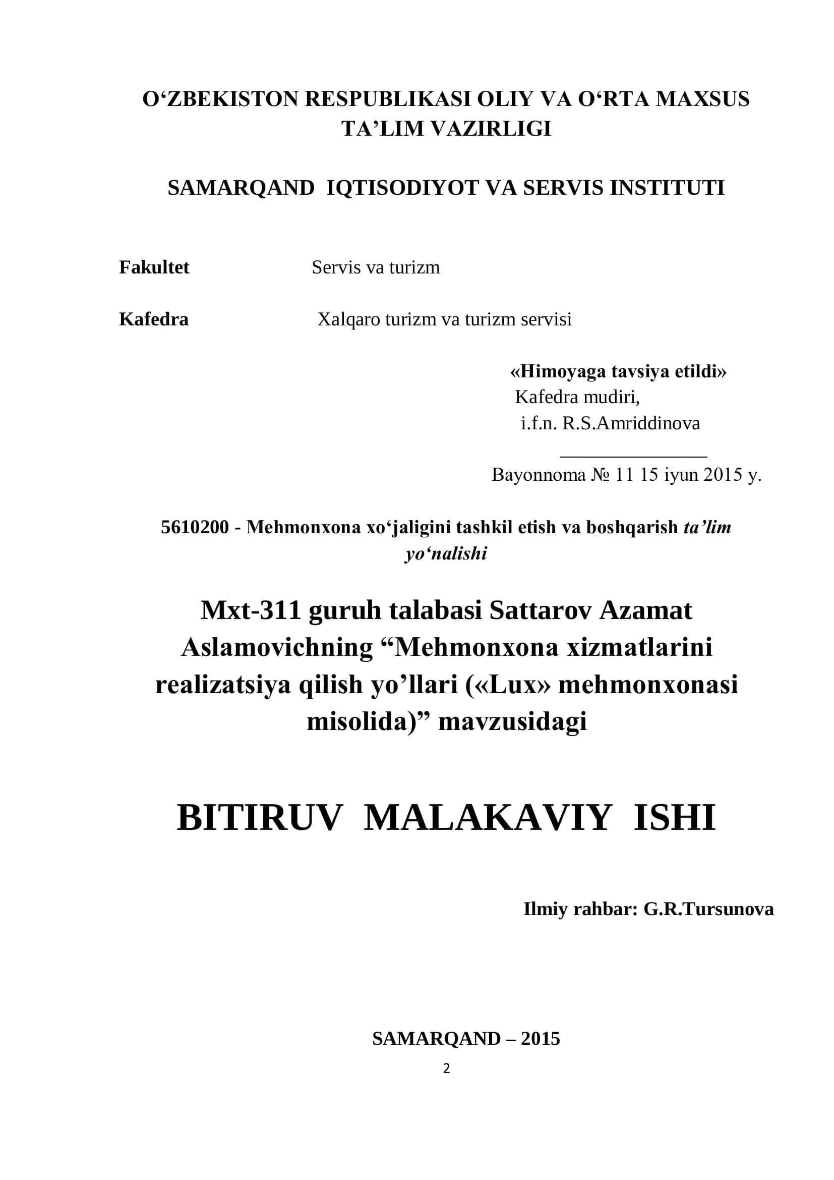 Mehmonxona xizmatlarini realizatsiya qilish yo’llari («Lux» mehmonxonasi misolida)
