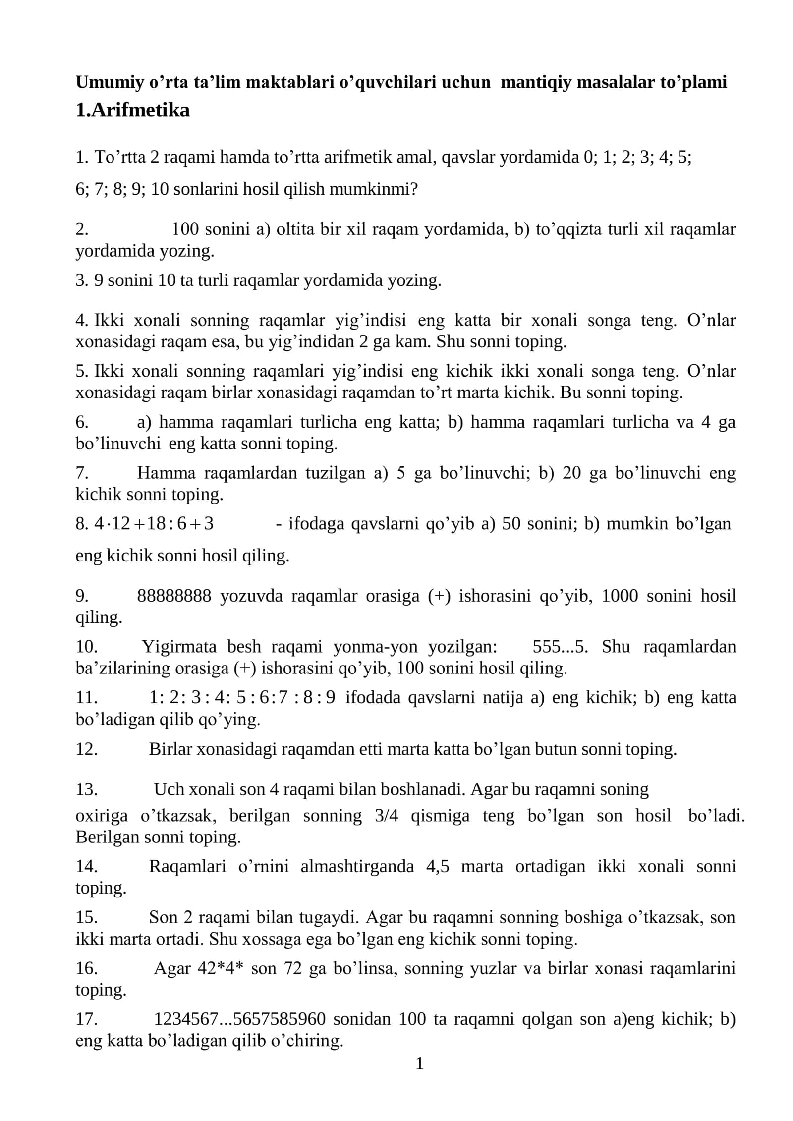 Umumiy o’rta ta’lim maktablari o’quvchilari uchun mantiqiy masalalar to’plami