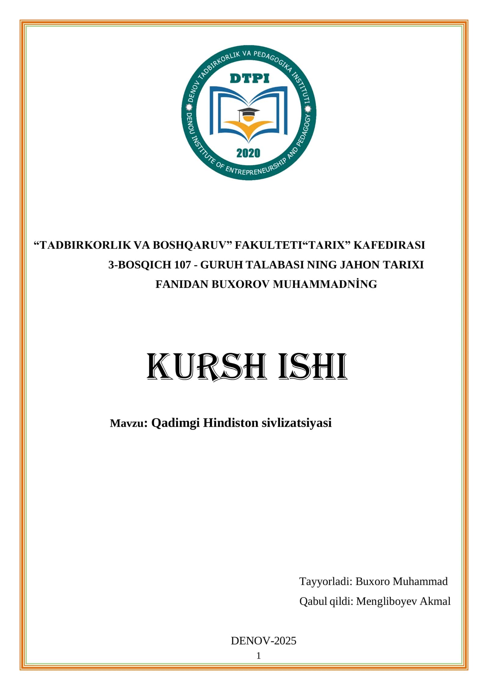 Qadimgi Hindiston sivilizatsiyasi kurs ishi