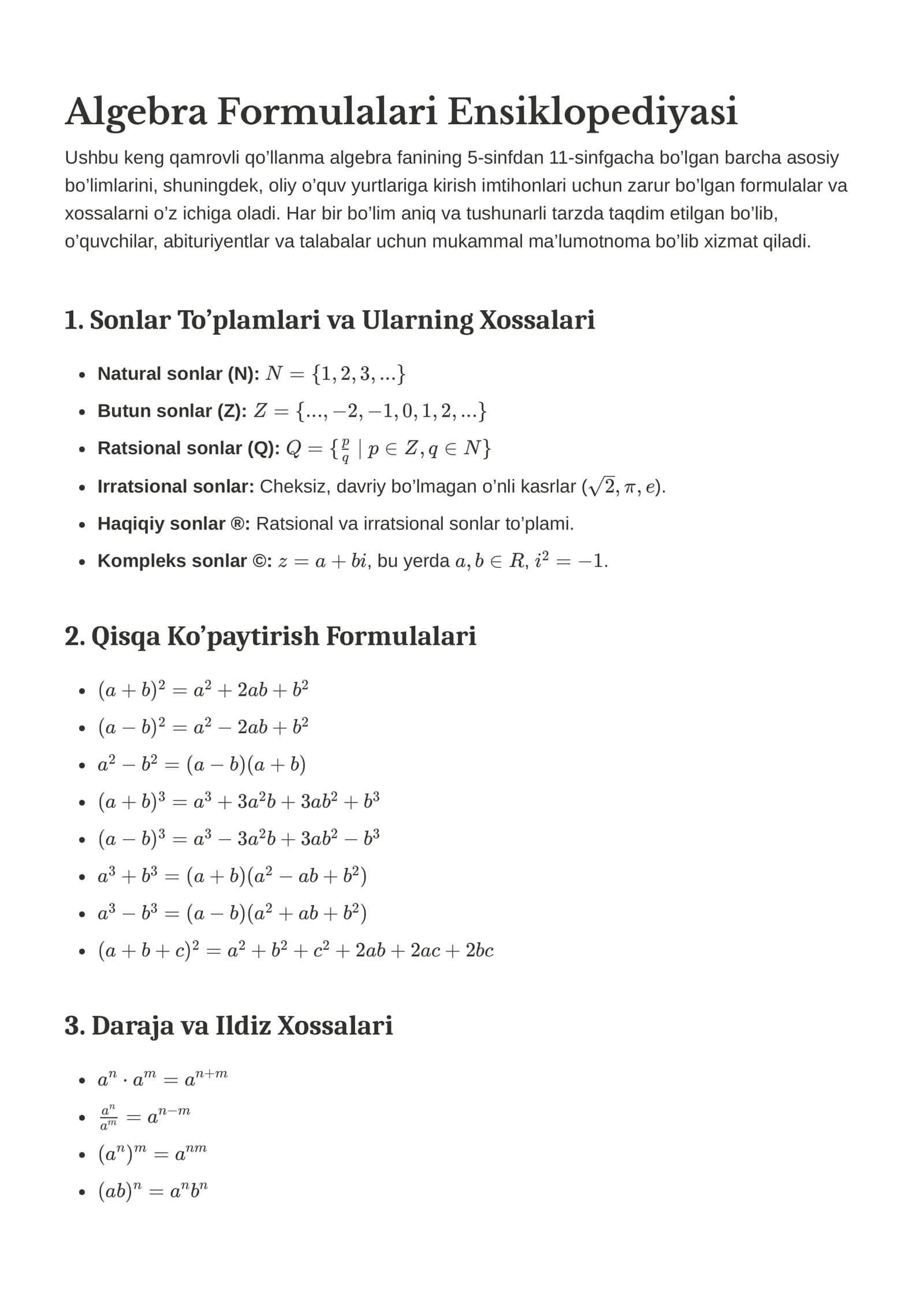 Algebra Formulalari Ensiklopediyasi