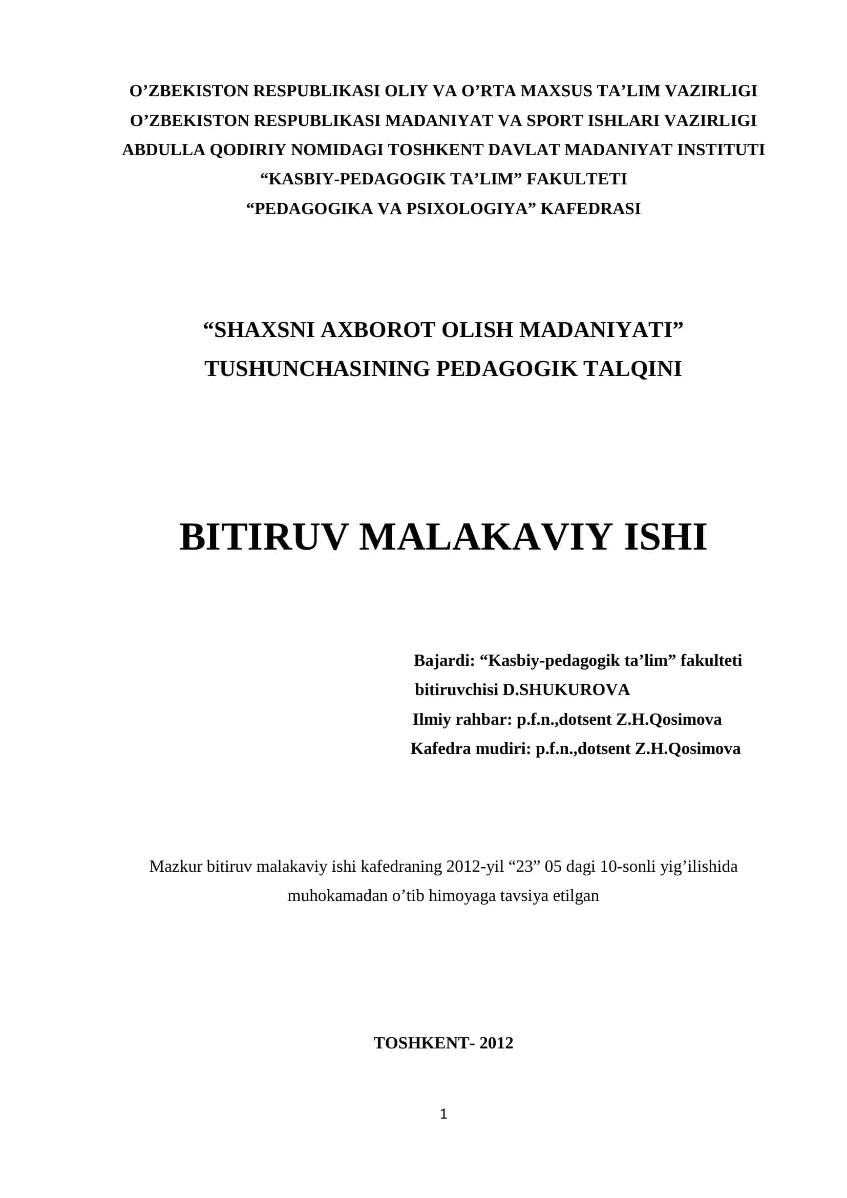 "SHAXSNI AXBOROT OLISH MADANIYATI"