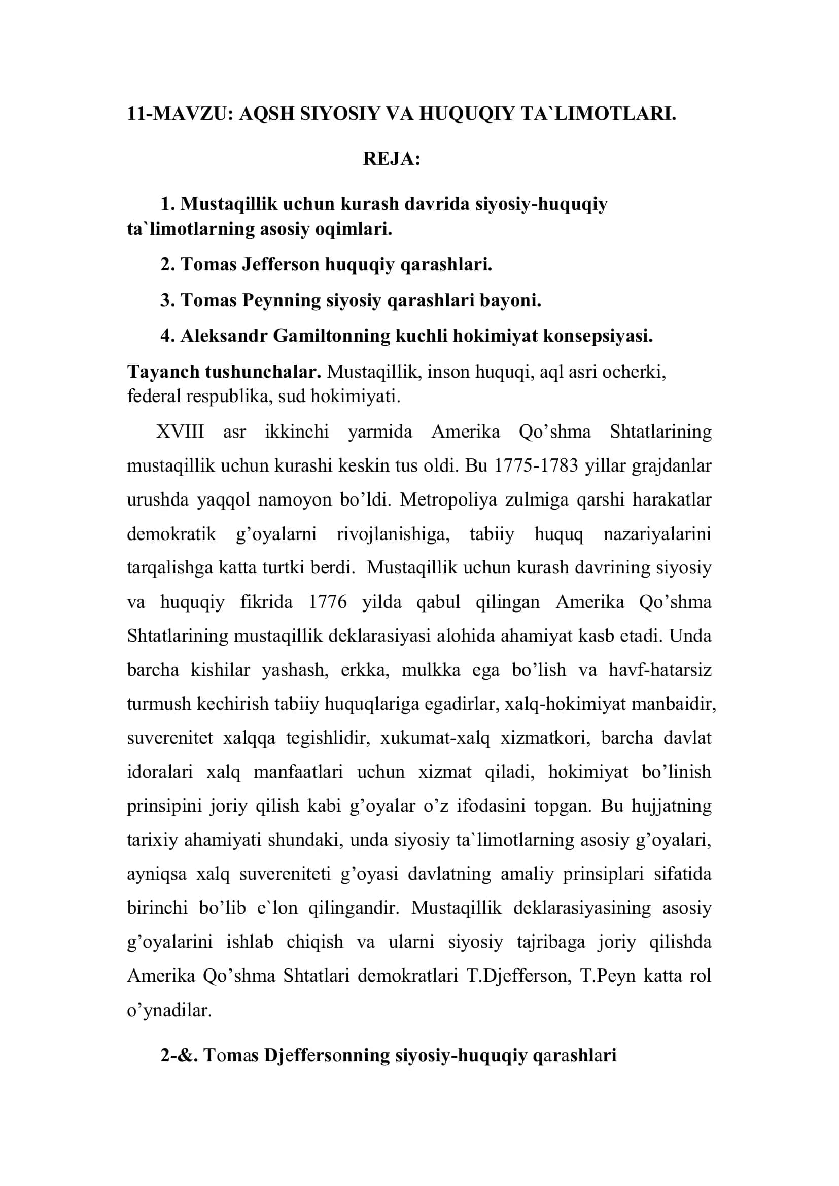 AQSH SIYOSIY VA HUQUQIY TA`LIMOTLARI