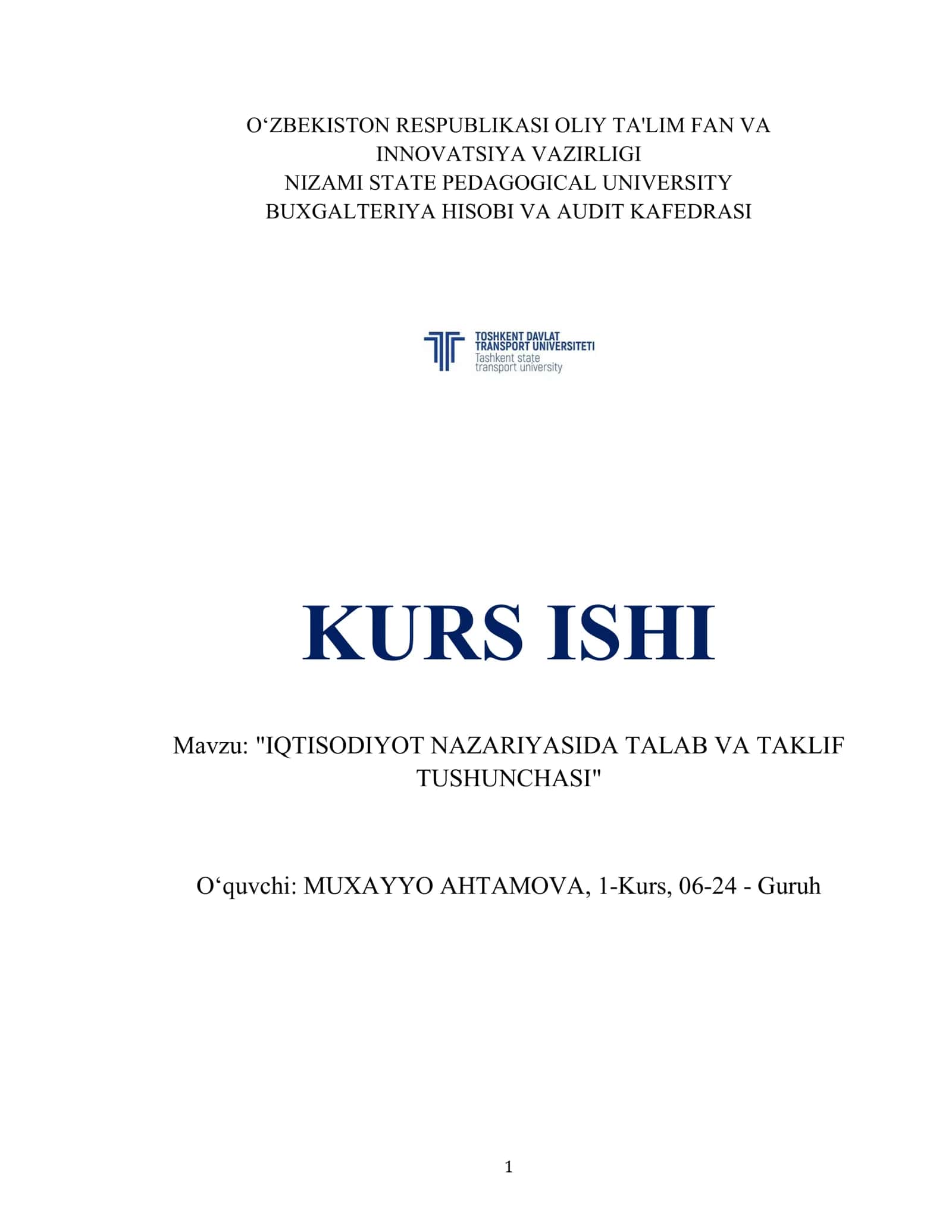 IQTISODIYOT NAZARIYASIDA TALAB VA TAKLIF TUSHUNCHASI