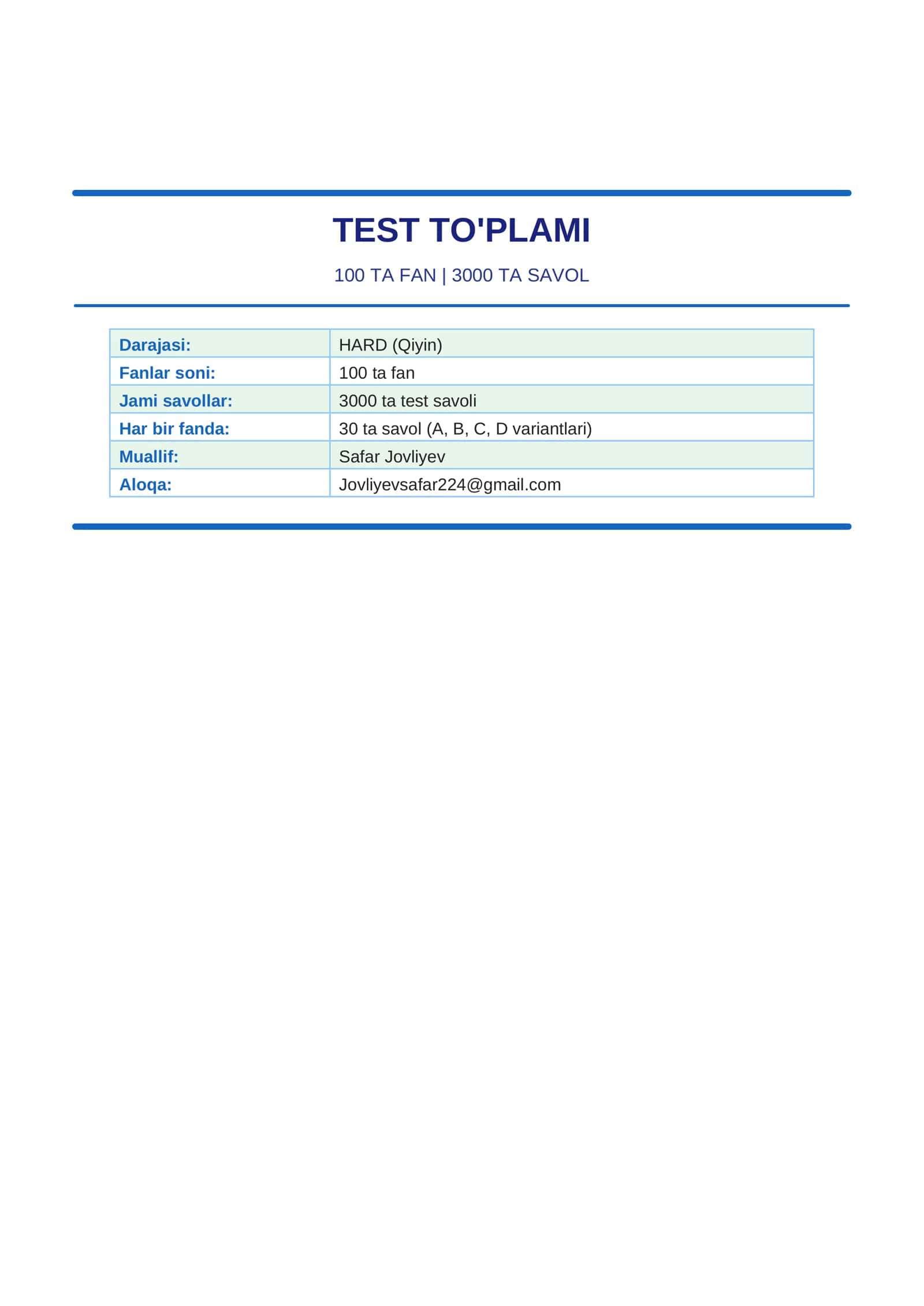 BARCHA FANLARDAN TEST TO'PLAMI