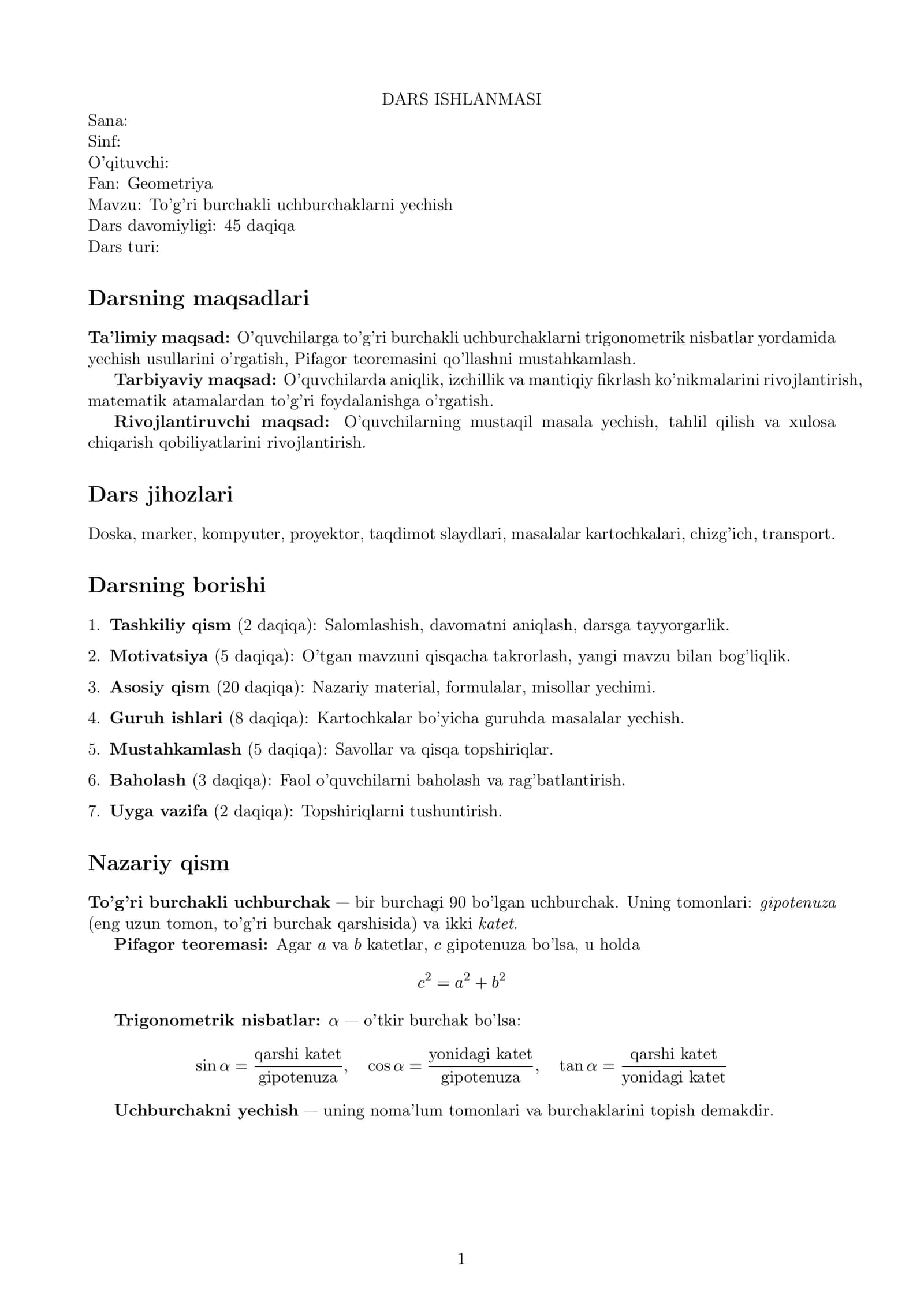 To’g’ri burchakli uchburchaklarni yechish (Dars ishlanmasi)