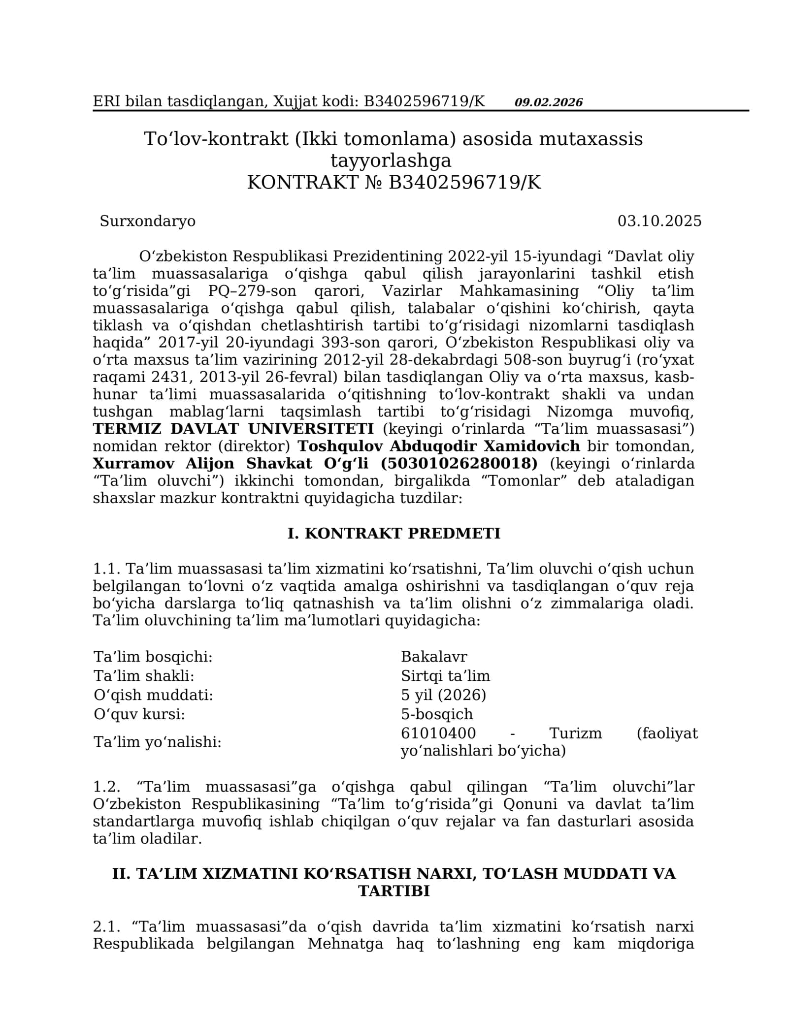 To‘lov-kontrakt (Ikki tomonlama) asosida mutaxassis tayyorlashga