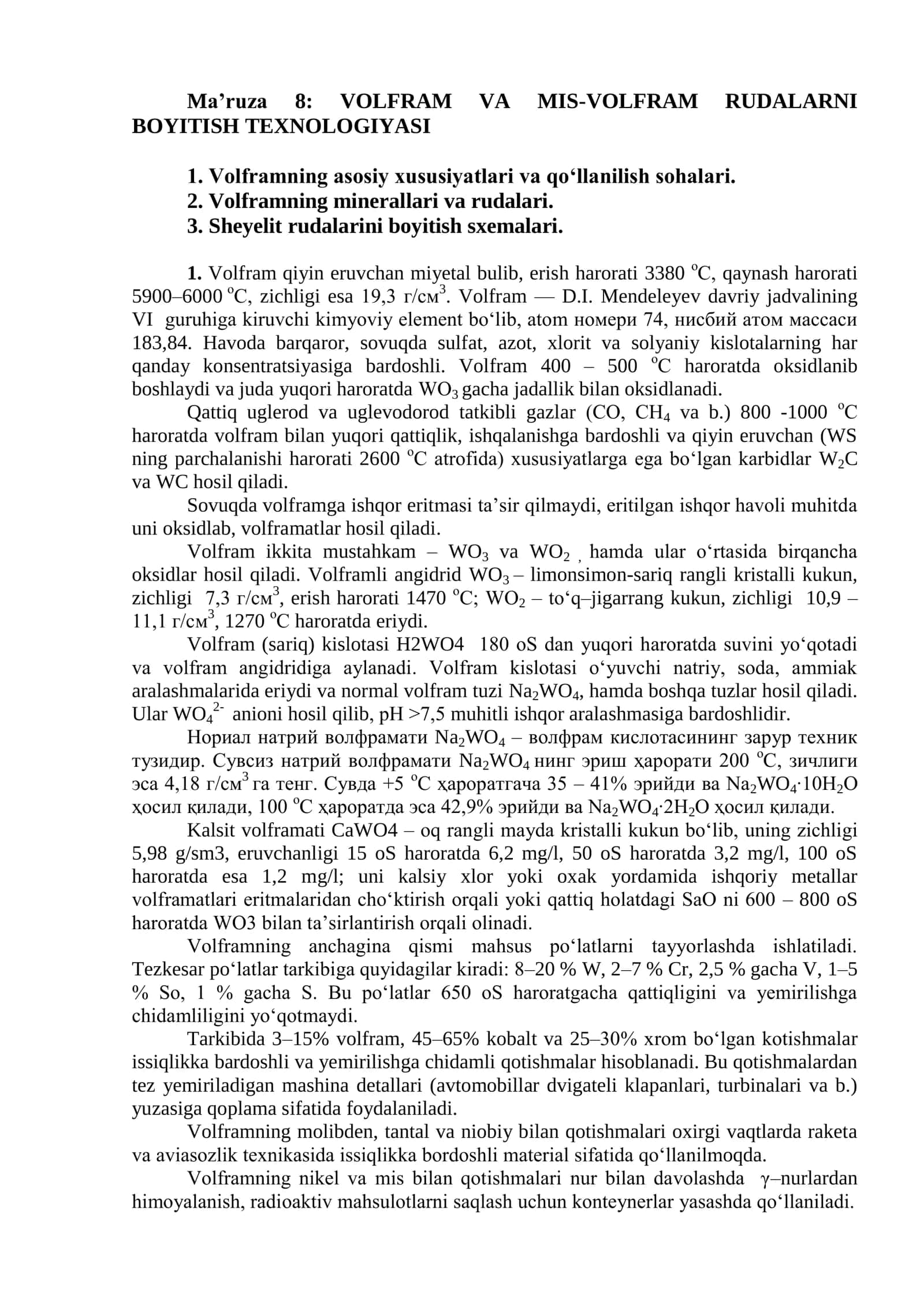 VOLFRAM VA MIS-VOLFRAM RUDALARNI BOYITISH TEXNOLOGIYASI