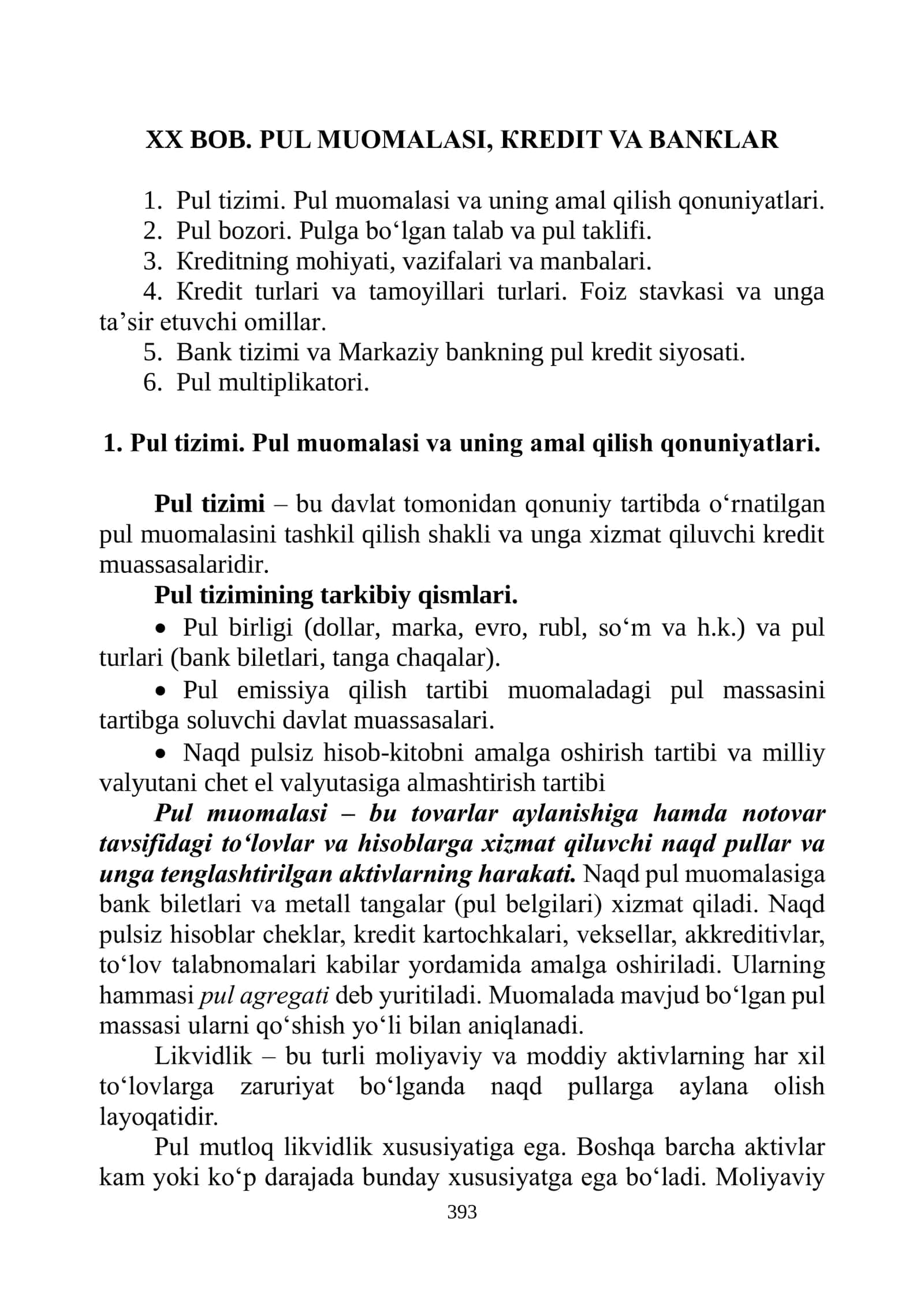 Pul tizimi. Pul muomalasi va uning amal qilish qonuniyatlari