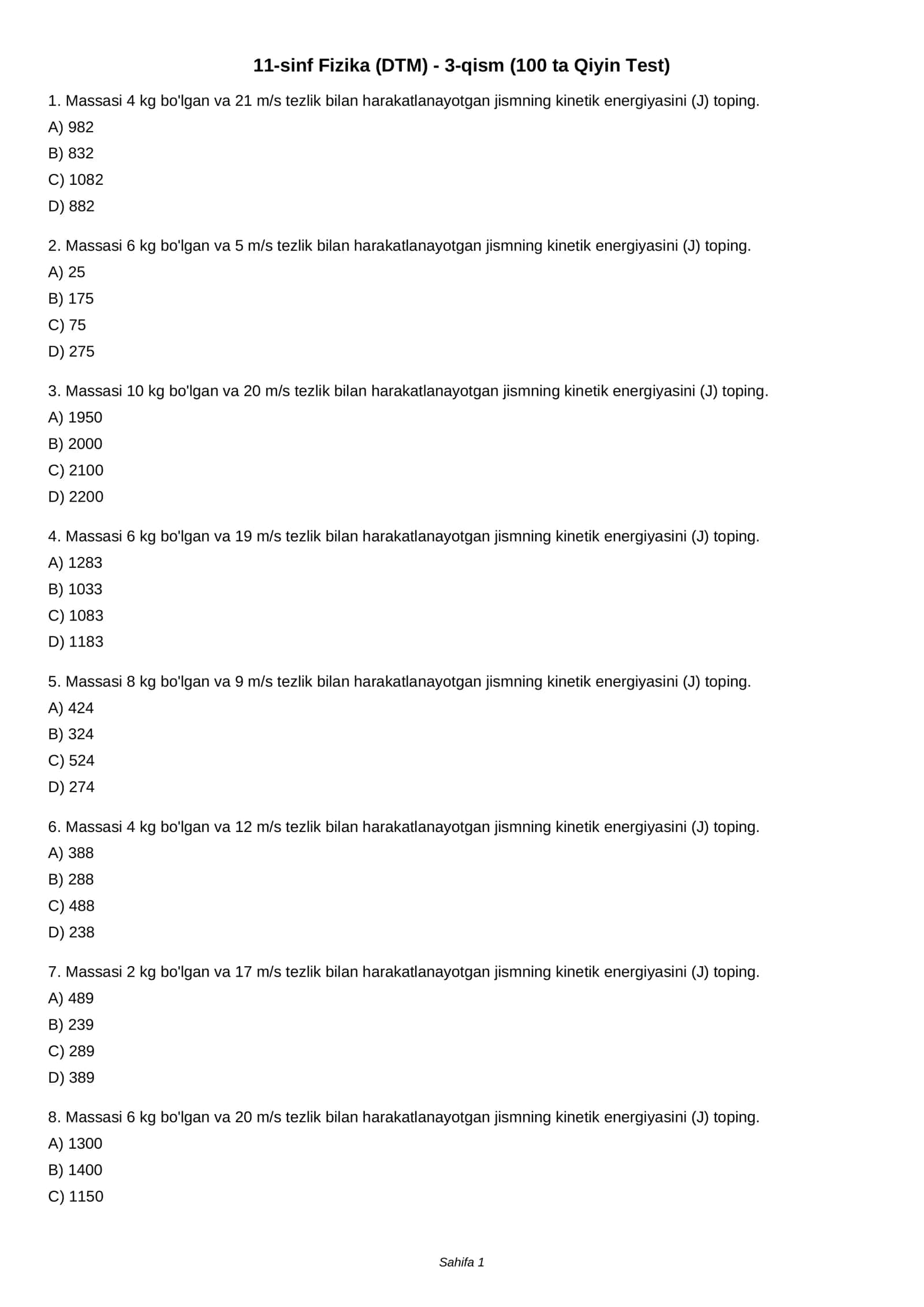 11-sinf Fizika (DTM) - 3-qism (100 ta Qiyin Test)