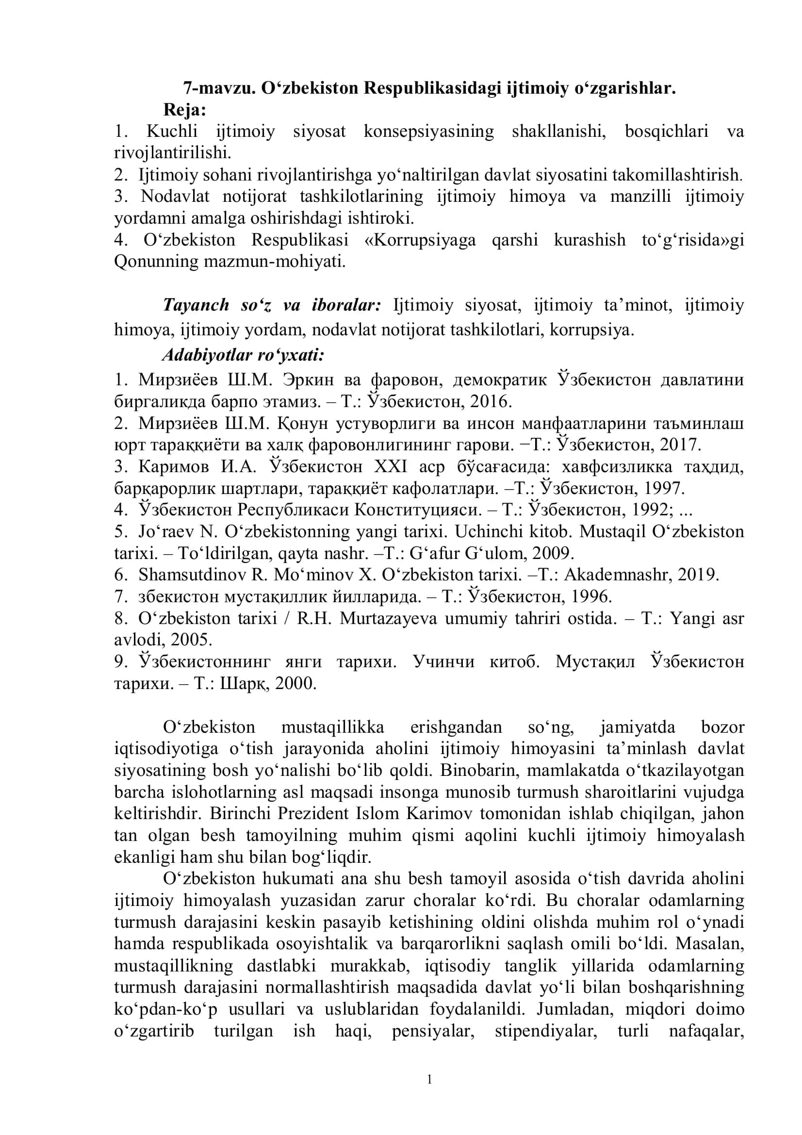 7-mavzu. O'zbekiston Respublikasidagi ijtimoiy o‘zgarishlar