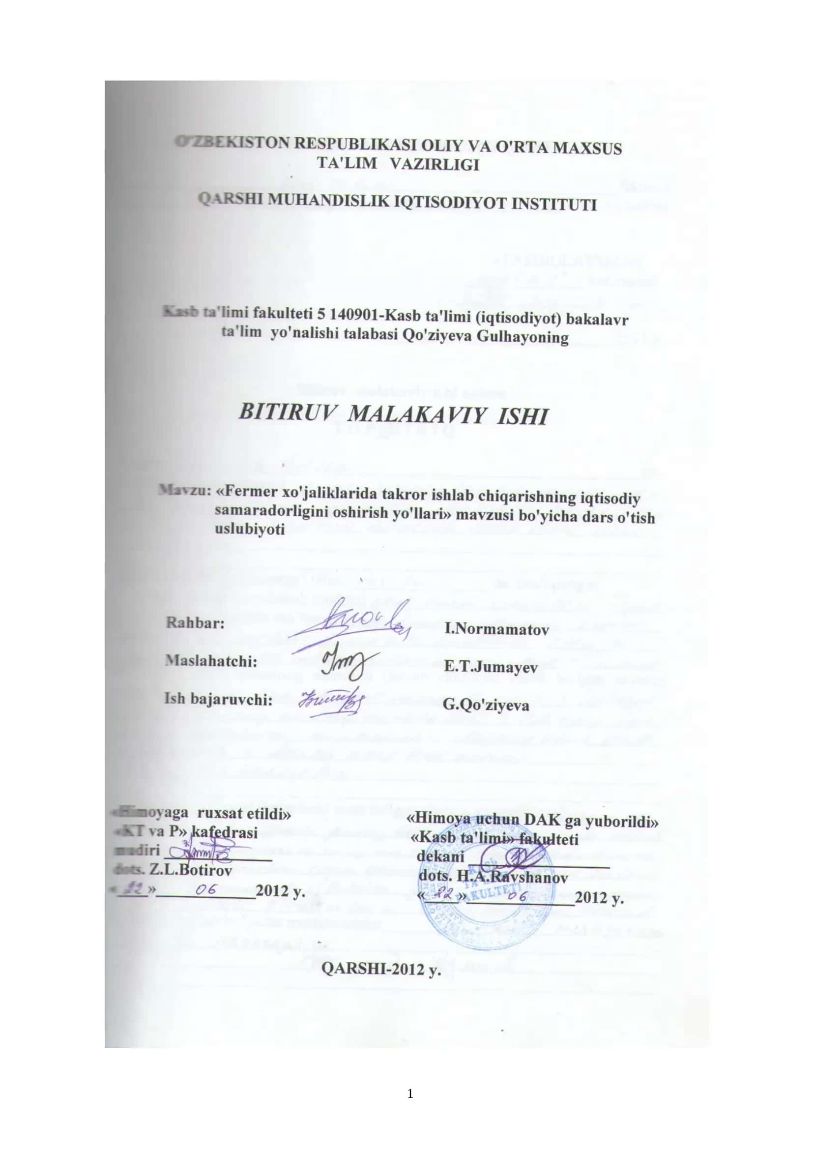 Fermer xo‘jaliklarida takror ishlab chiqarishning iqtisodiy samaradorligini oshirish yo‘llari