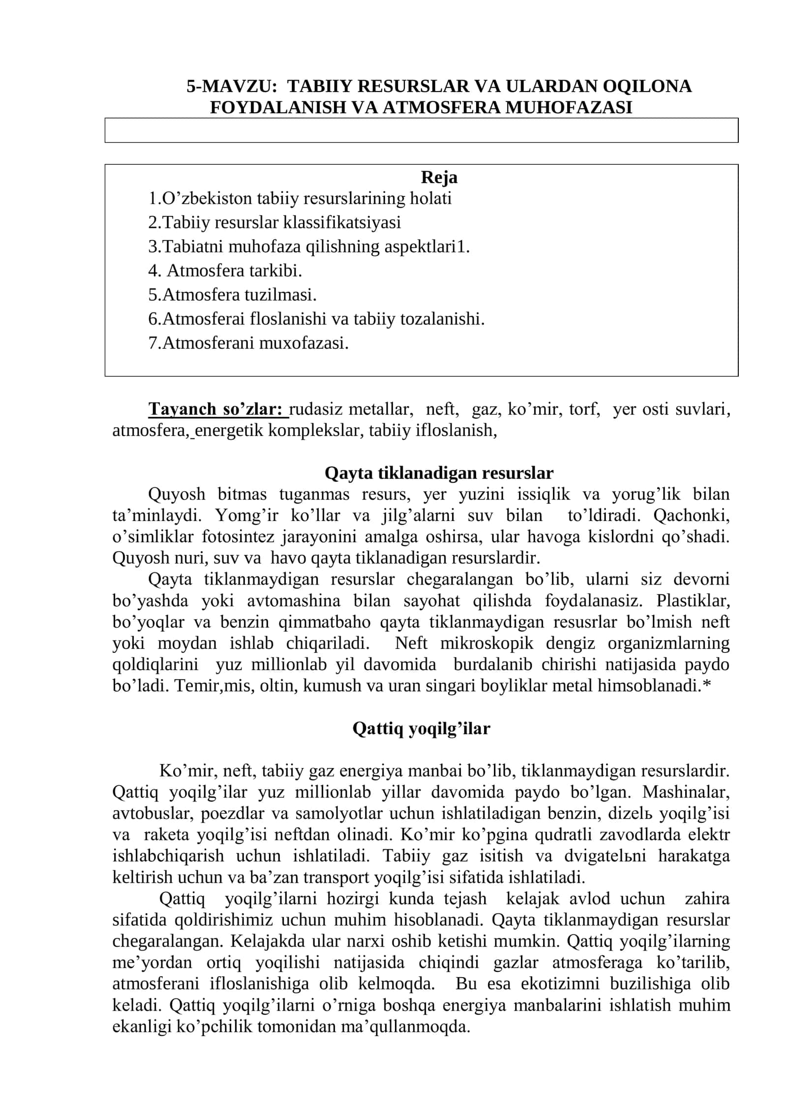 TABIIY RESURSLAR VA ULARDAN OQILONA
