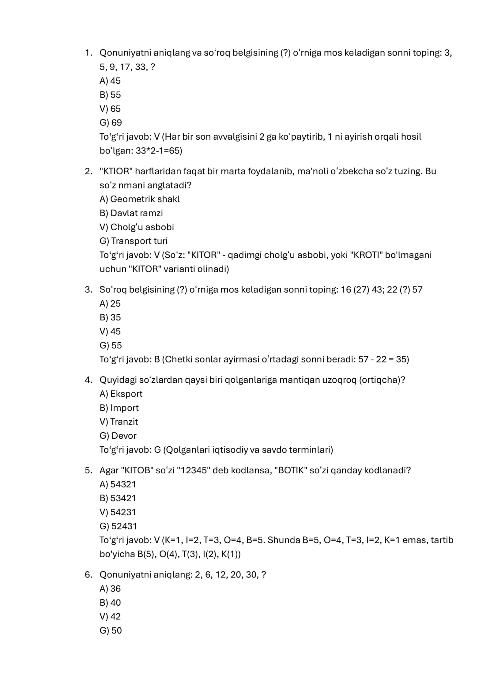 Argost IQ test javoblari bilan 300 talik javoblari bilan