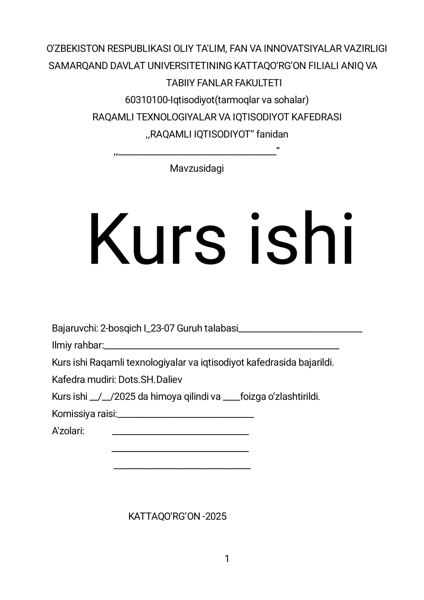 Raqamli iqtisodiyot fanidan kurs ishi