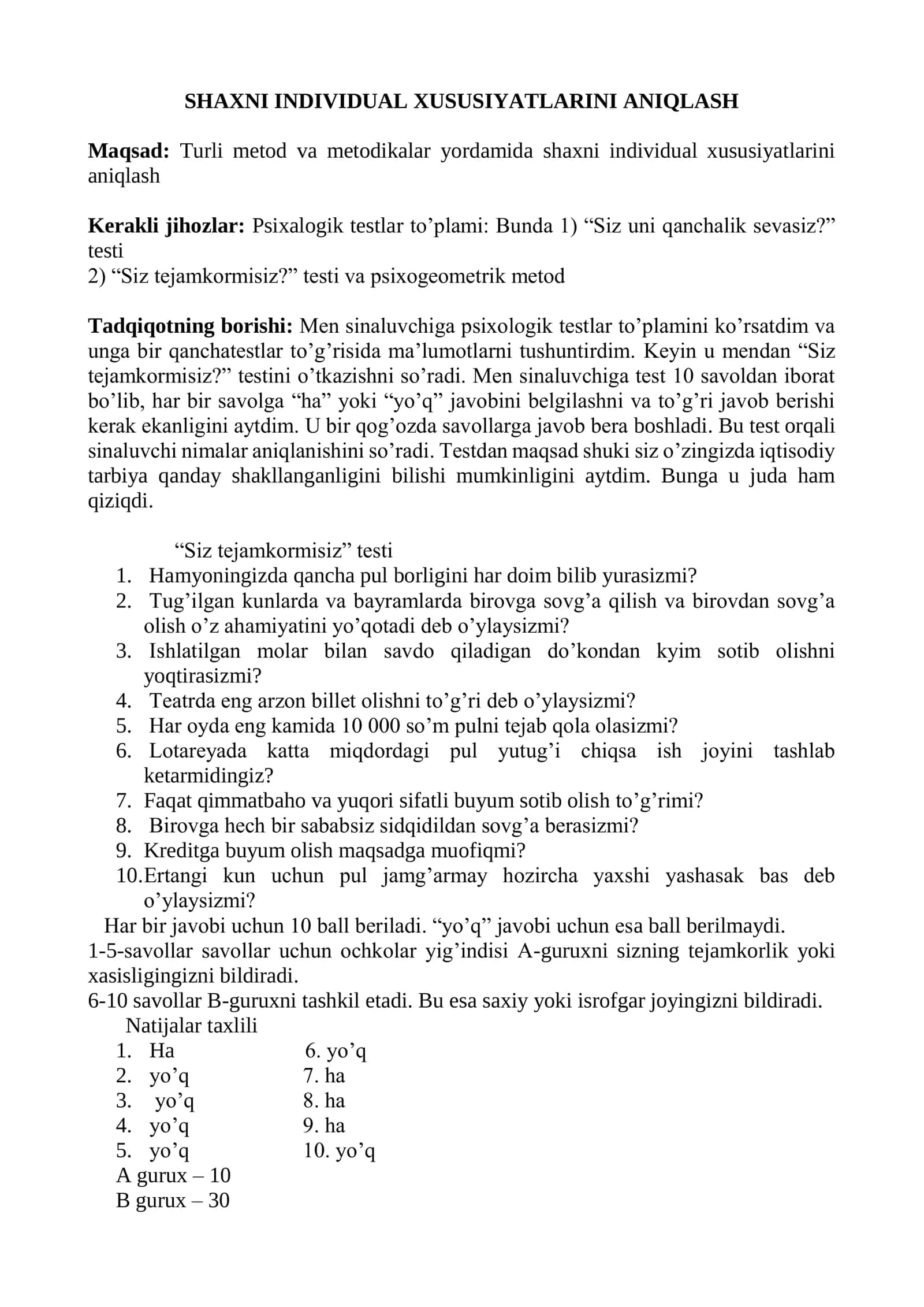 SHAXNI INDIVIDUAL XUSUSIYATLARINI ANIQLASH